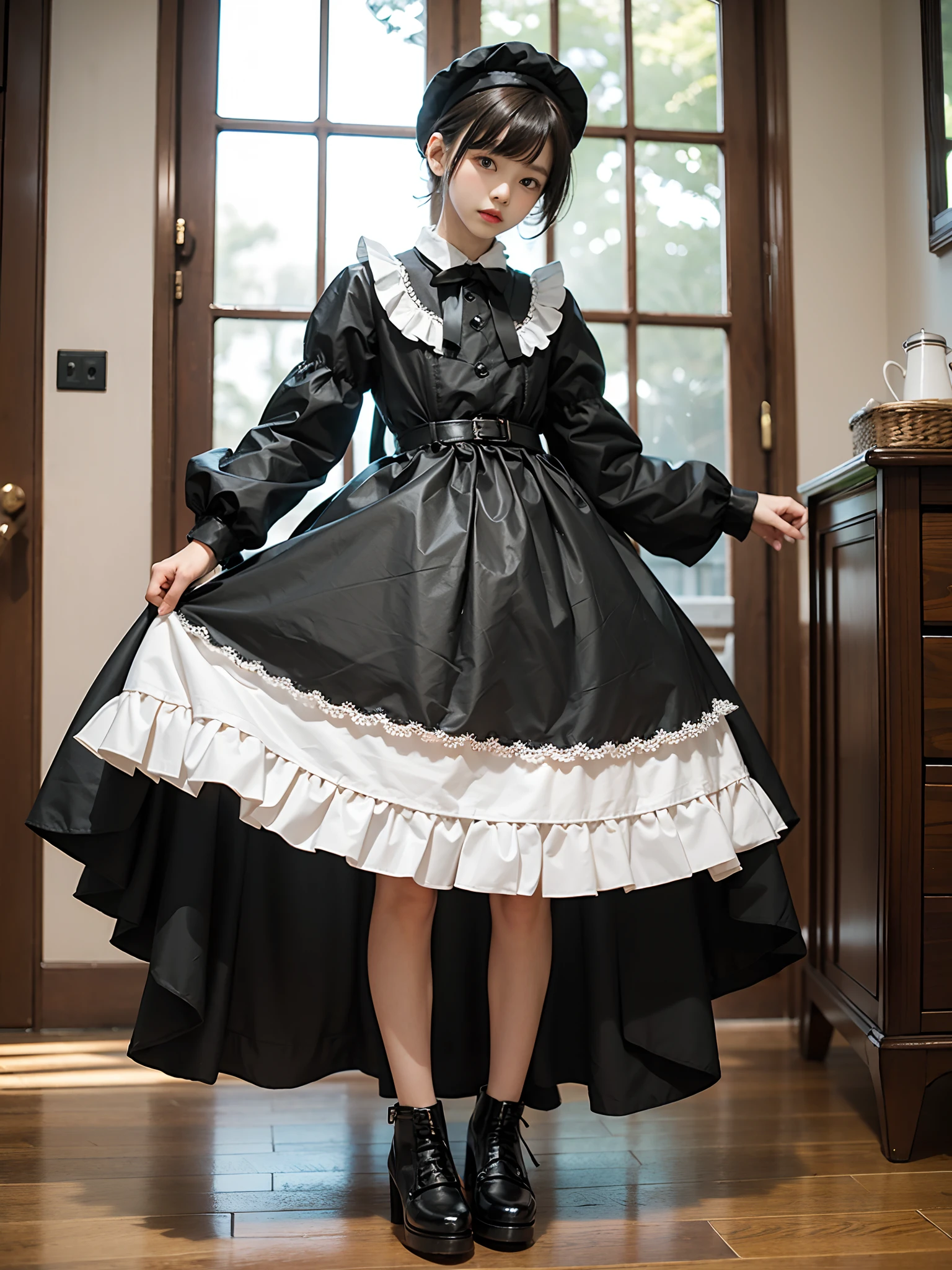 1boy，A boy who looks like a pretty girl，Wearing a Lolita-style dress，High-heeled leather shoes