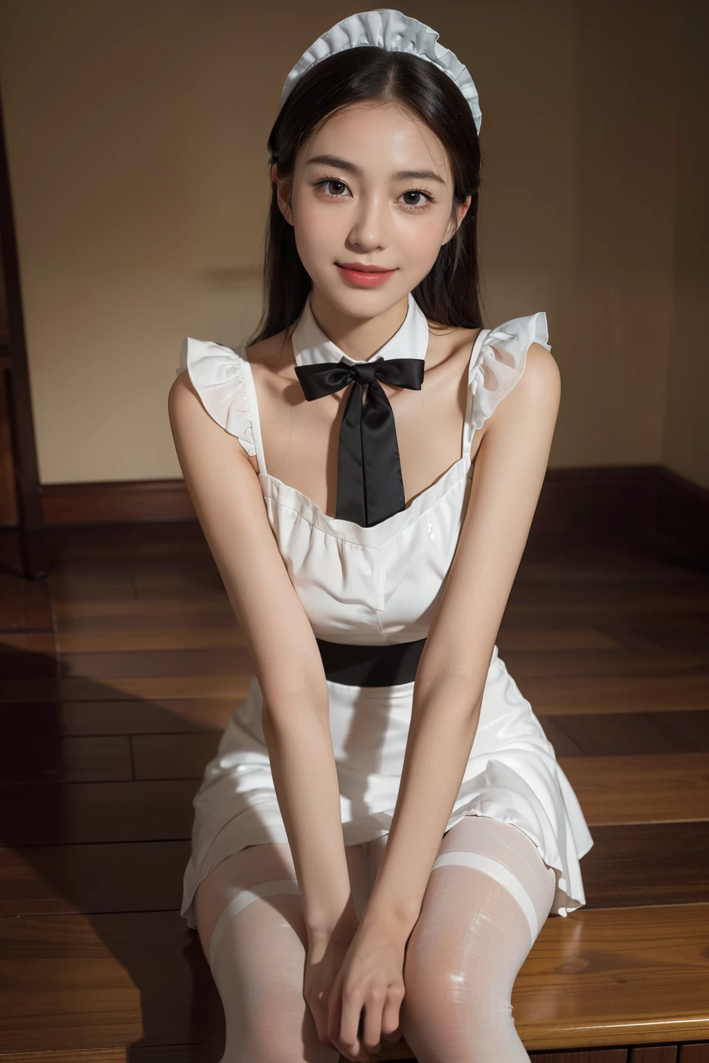 ((Masterpiece)), (Best quality, 超高分辨率, high detail photo, Unity 8k wallpaper, Extremely detailed CG:1.2),(RAW photo,:1.3), (photograph realistic:1.4), 1girll , Young, Professional lighting, strobe lighting, photon maping, Radio City, Physically-based rendering, Cute, (finerly detailed face:1.4, Detailed clothes), (Detailed:1.4) Beautiful face, (Seductive smile:1.2), Depth of field, Add layer, (Dutch angle, Gravure pose), cosplay, rpgmaker, maid costume, maid headdress, frilld, Short skirt, neck bowtie, maid apronl, (Glossy Oiled Skin:1.25), Sit on a white carpet, Pantyhose, upper legs, kneehighs,