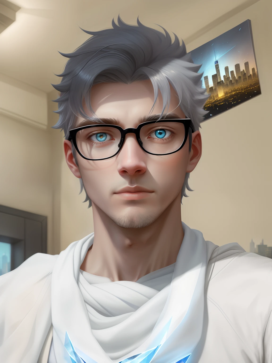 Highest quality, delicate painting style, delicate hook line, masterpiece, delicate skin, delicate hair, complete painting, masterpiece, delicate hands, delicate eyes, normal eyes, gray cat ears, furry, black frame round glasses, blue eyes, handsome, ((white scarf)), cat style, Shota, cyberpunk, blue pupils, city night view, gray crystal wings, mottled light and shadow, boy, bright eyes of God. , crystal shards in the air, cities, gray fur