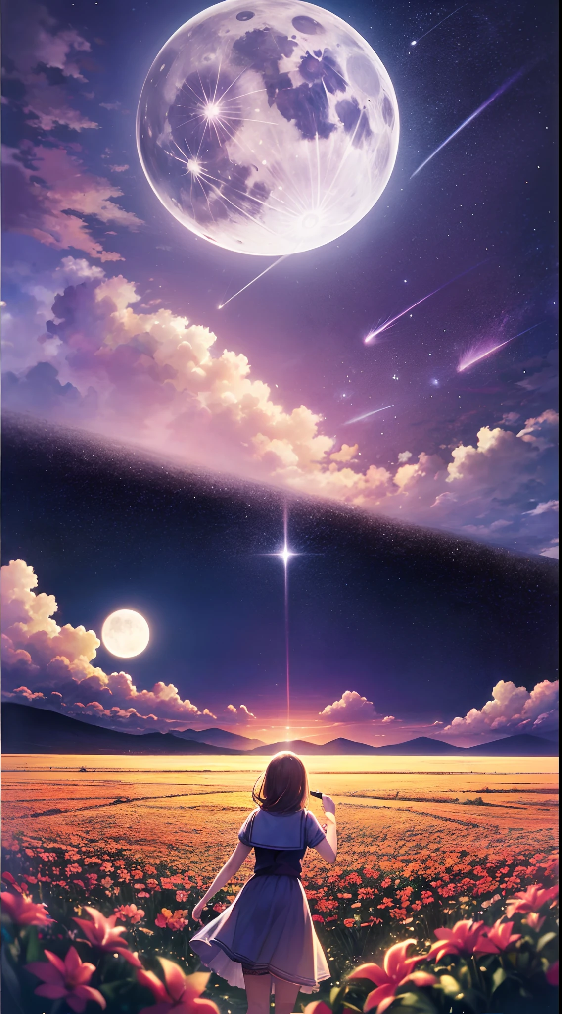 A wide landscape photo, (viewed from below, the sky is above, and the open field is below), a girl standing on a flower field looking up, (full moon: 1.2), (meteor: 0.9), (nebula: 1.3), distant mountains , Trees BREAK Crafting Art, (Warm Light: 1.2), (Firefly: 1.2), Lights, Lots of Purple and Orange, Intricate Details, Volumetric Lighting BREAK (Masterpiece: 1.2), (Best Quality), 4k, Ultra Detailed, (Dynamic Composition: 1.4), Rich in Detail and Color, (Rainbow Color: 1.2), (Glow, Atmospheric Lighting), Dreamy, Magical, (Solo: 1.2)