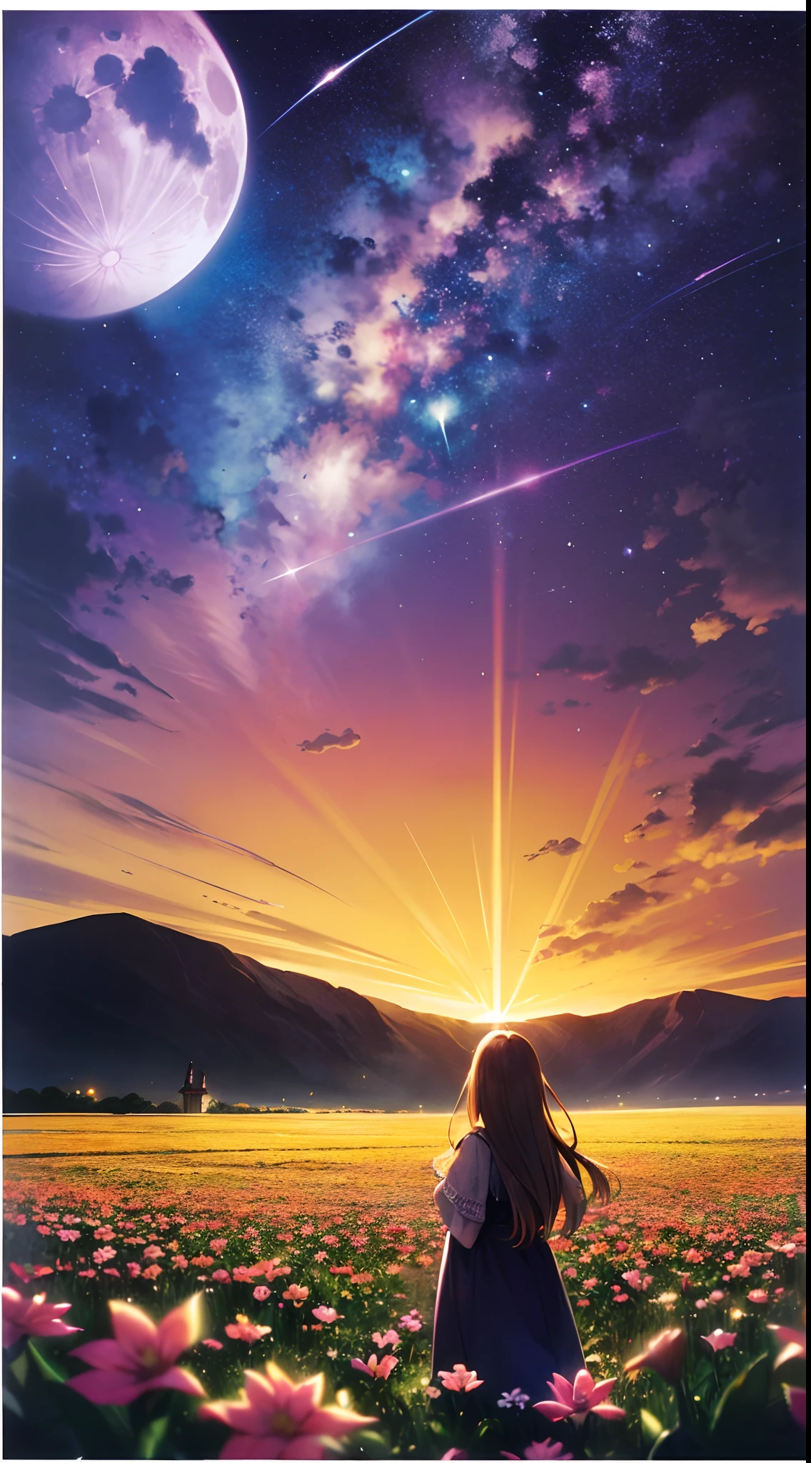 A wide landscape photo, (viewed from below, the sky is above, and the open field is below), a girl standing on a flower field looking up, (full moon: 1.2), (meteor: 0.9), (nebula: 1.3), distant mountains , Trees BREAK Crafting Art, (Warm Light: 1.2), (Firefly: 1.2), Lights, Lots of Purple and Orange, Intricate Details, Volumetric Lighting BREAK (Masterpiece: 1.2), (Best Quality), 4k, Ultra Detailed, (Dynamic Composition: 1.4), Rich in Detail and Color, (Rainbow Color: 1.2), (Glow, Atmospheric Lighting), Dreamy, Magical, (Solo: 1.2)