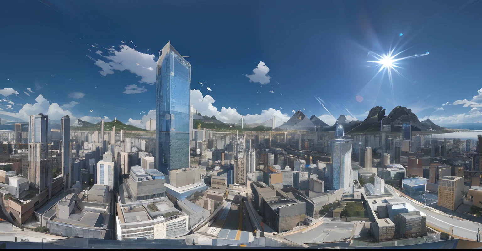 Arafed view of a city with a very tall building in the middle, 3 6 0 render panorama, Vista super ampla de uma paisagem urbana, Panorama da cidade, 3 d cidade, enorme centro moderno da cidade, Distrito Empresarial Highrise, 3d render highly detailed, 3d render highly detailed, ultra wide angle isometric view, tectonic cityscape, altamente realistamente detalhado