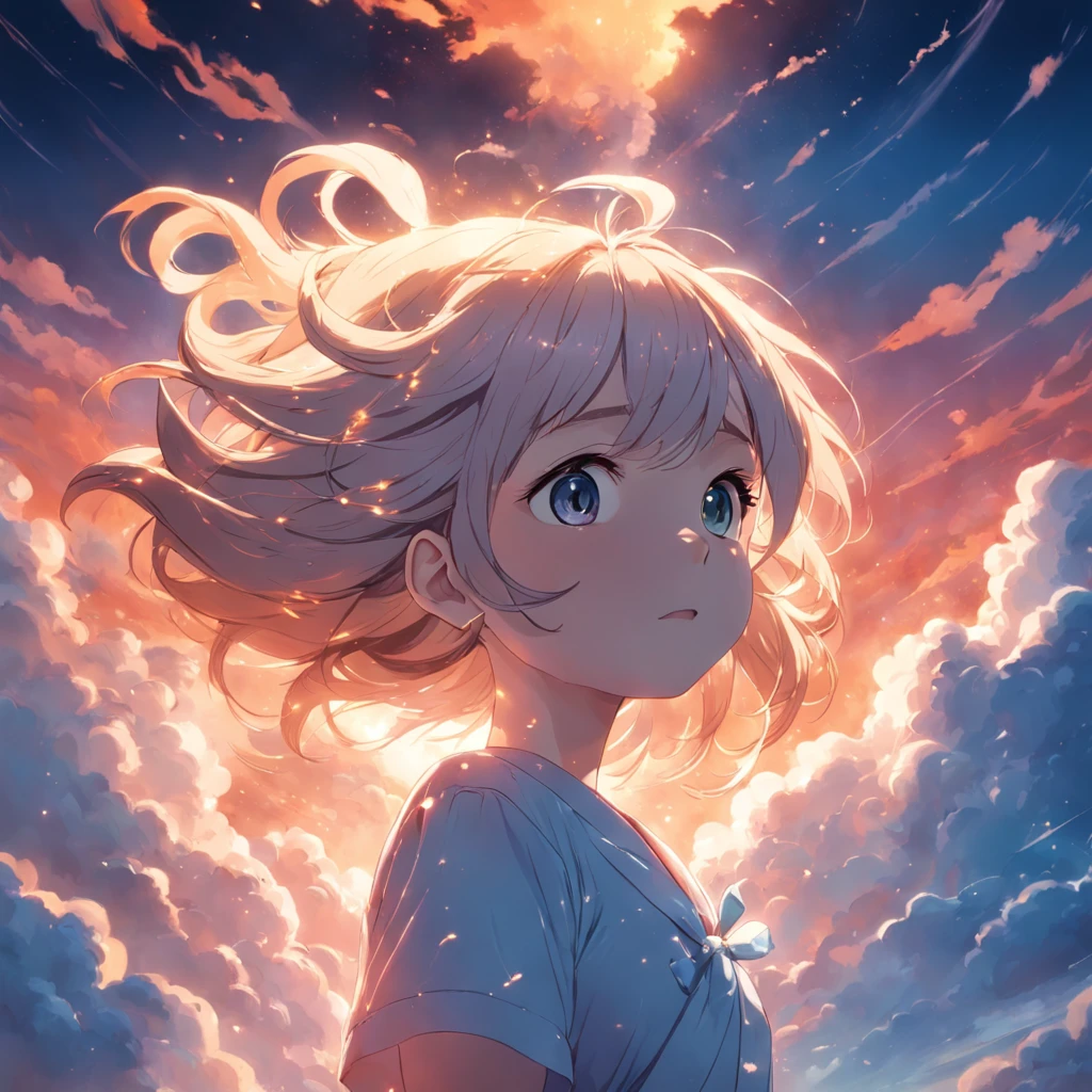 masterpiece, best quality, movie still, 1girl, cloud girl, floating in the sky, close-up, bright, happy, warm soft lighting, sunset, (sparks:0.7)