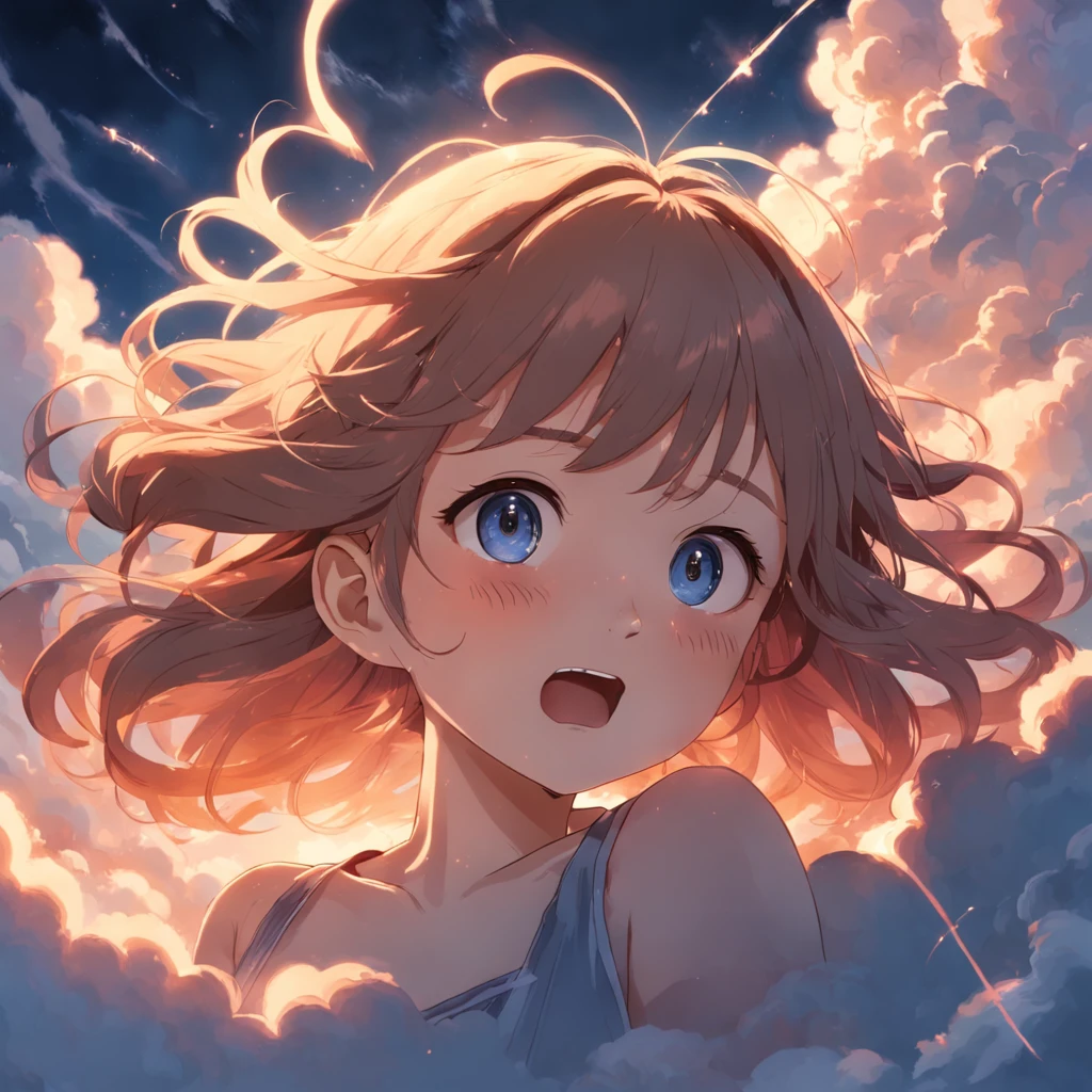 masterpiece, best quality, movie still, 1girl, cloud girl, floating in the sky, close-up, bright, happy, warm soft lighting, sunset, (sparks:0.7)