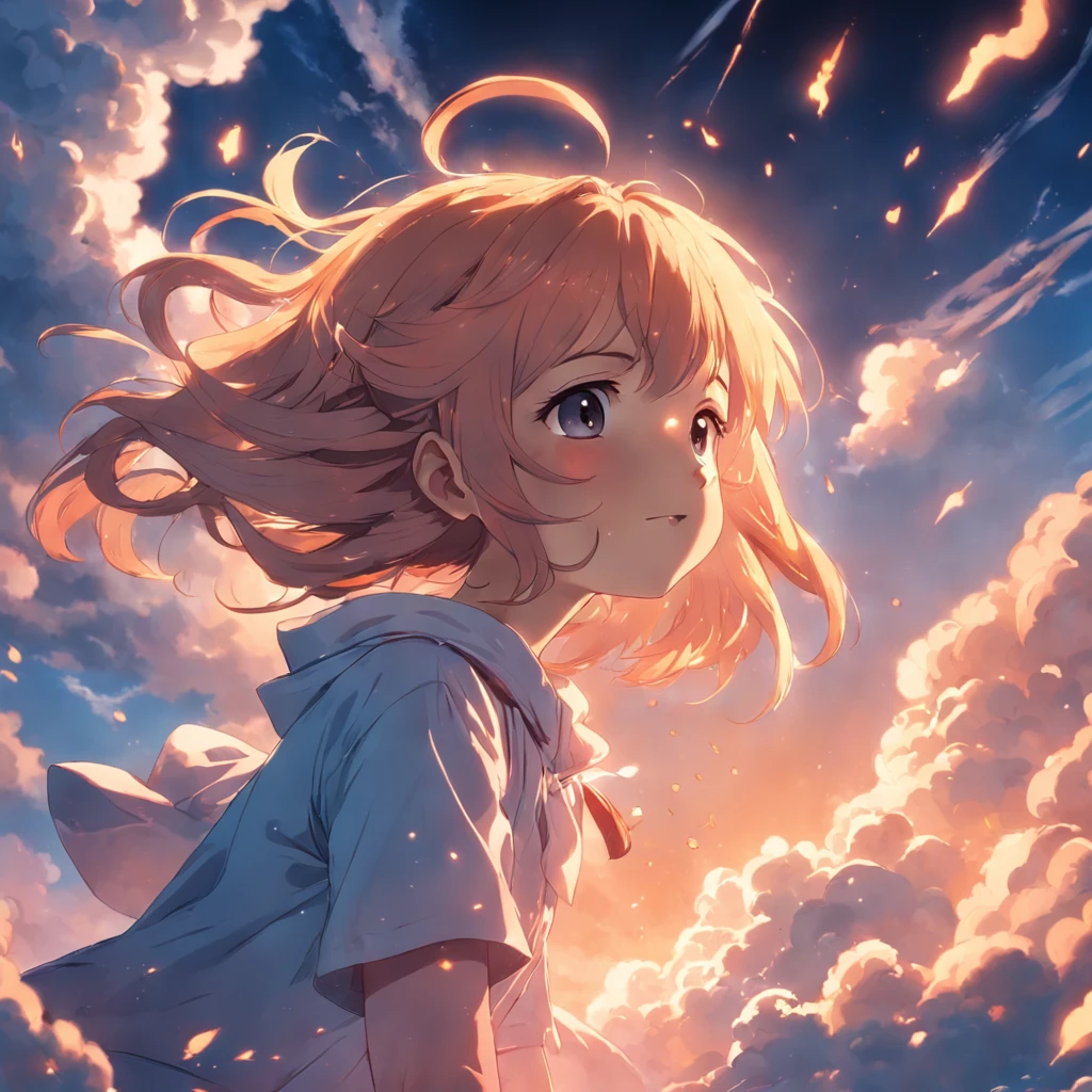 masterpiece, best quality, movie still, 1girl, cloud girl, floating in the sky, close-up, bright, happy, warm soft lighting, sunset, (sparks:0.7)