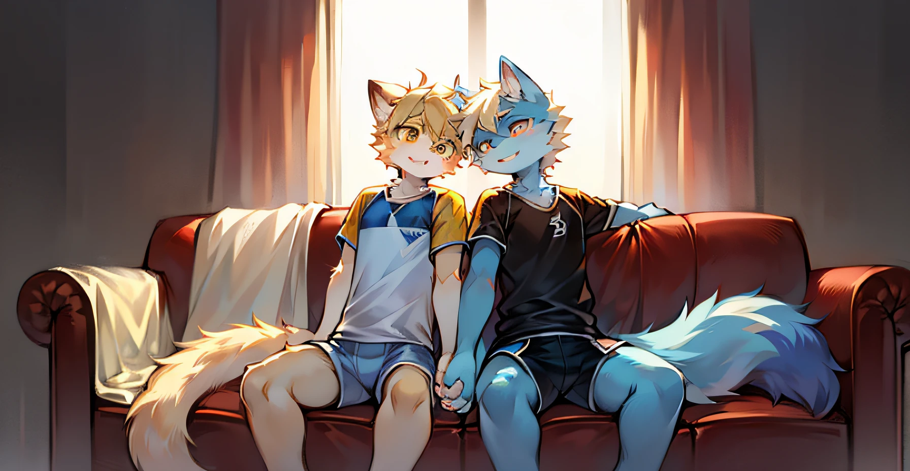 daytime couch cat bright eyes furry male sportswear light blonde hair big tail couple normal body light blue fur holding hands cover blanket