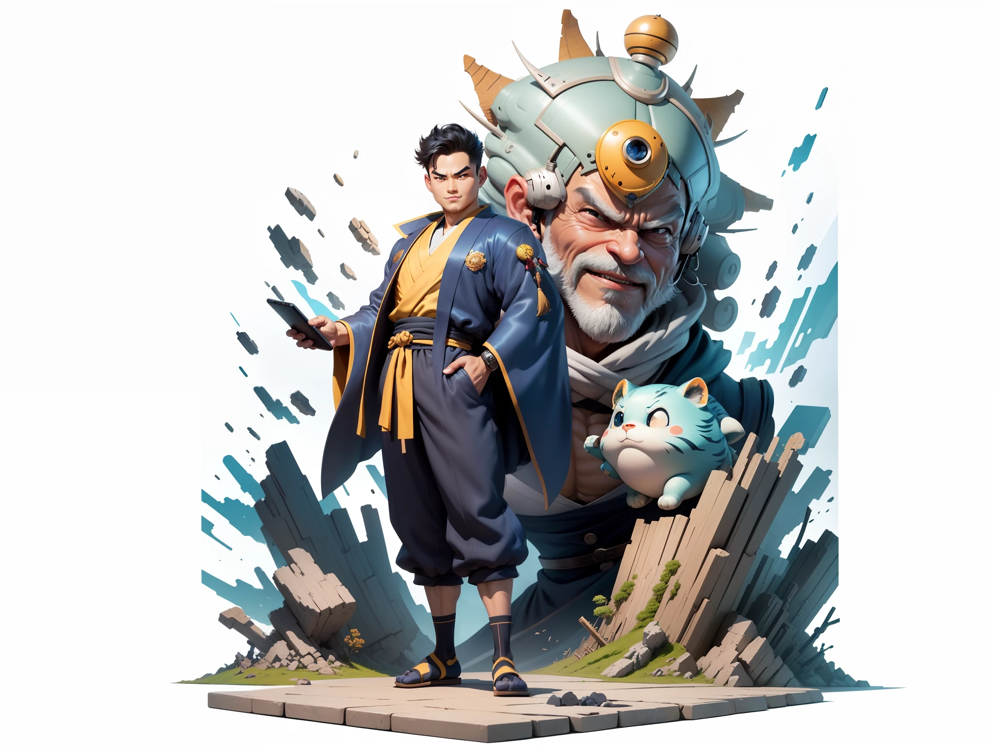 (Masterpiece), (Excellent), (Super Meticulous), (Full Body: 1.2), Super Young Man, Oriental Face, Japanese Kimono, Japanese Wind Thunder God, Dragon, Tiger, TV Anchor, Bust Portrait Illustration, Alone, Black Suit, Blue Tie, Slightly Chubby Face, Very Clean Face, No Beard, Black Super Short Hair, Black Eyes, Confident Smile, 3c Computer Sub-Products, iPad, iPhone, Digital Painting, 3D Character Design by Akira Toriyama and Mark Claireden and Pixar and Hayao Miyazaki, The illustration is a high-definition illustration in 4K resolution with very detailed facial features and cartoon-style visuals.