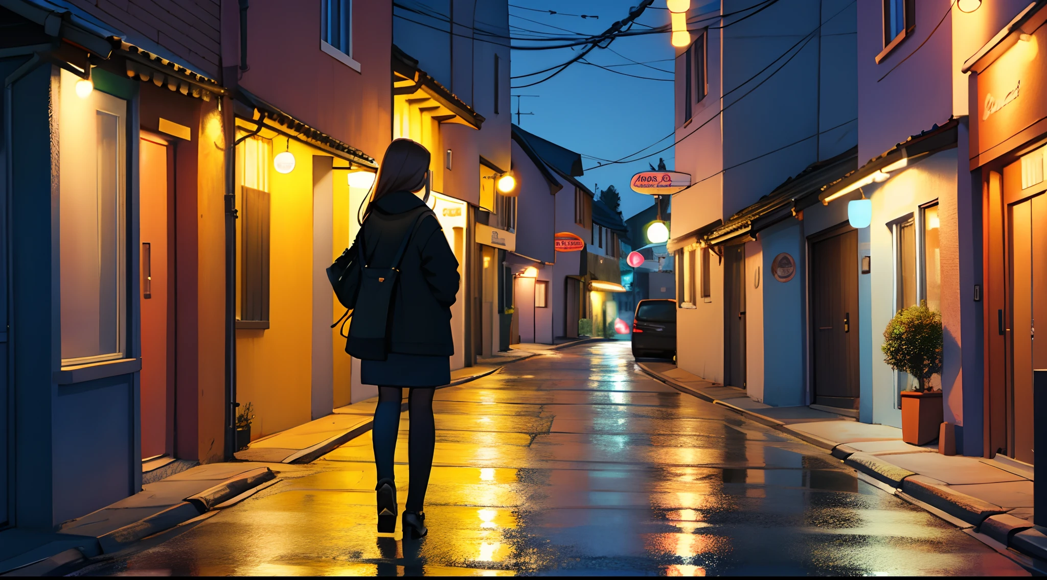 Girl in a modern town at night