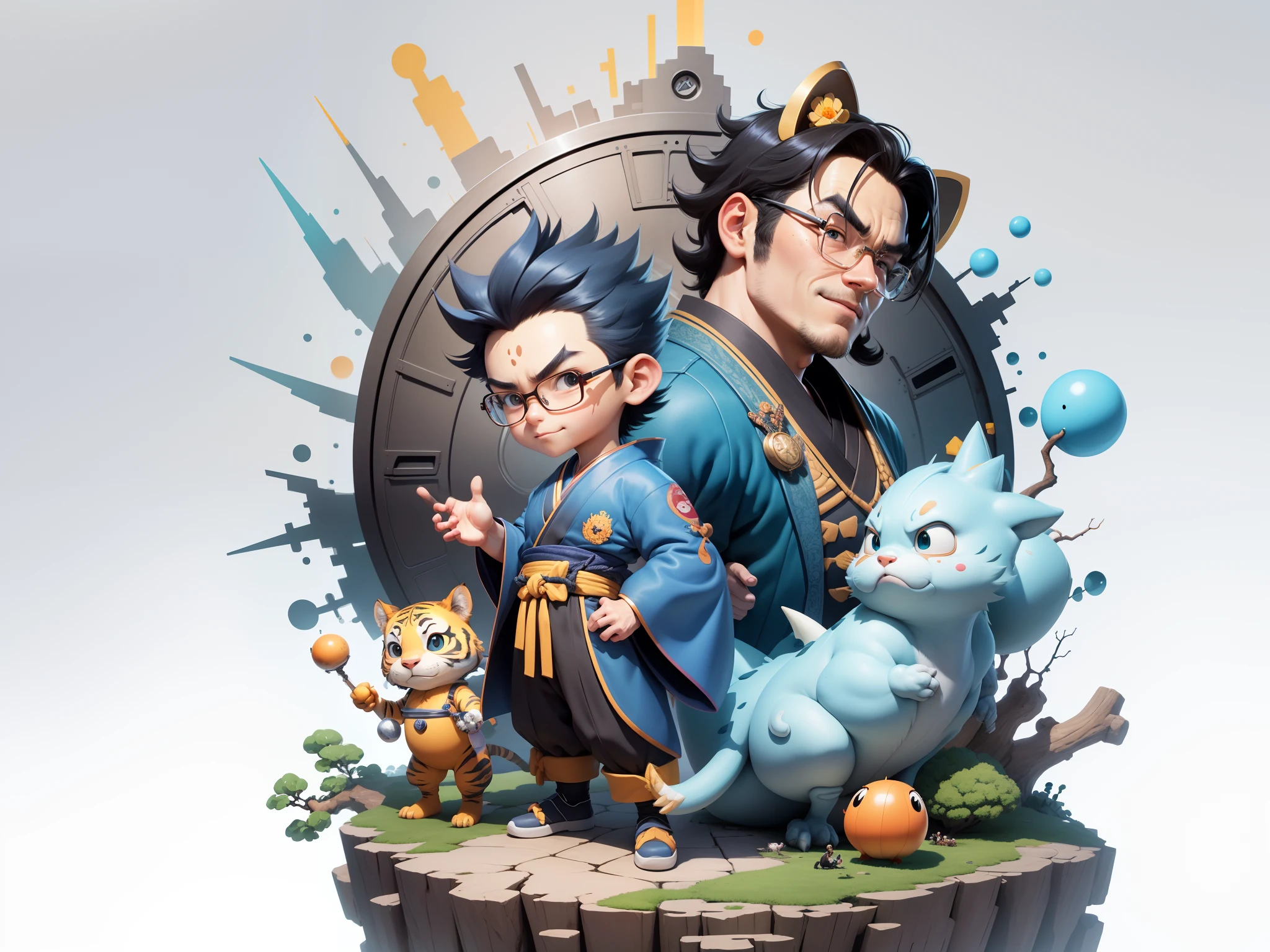 (Masterpiece), (Excellent), (Super Meticulous), (Full Body: 1.2), Super Young Man, Oriental Face, Japanese Kimono, Japanese Wind Thunder God, Dragon, Tiger, TV Anchor, Bust Portrait Illustration, Alone, Black Suit, Blue Tie, Slightly Chubby Face, Very Clean Face, No Beard, Black Super Short Hair, Black Eyes, Confident Smile, 3c Computer Sub-Products, iPad, iPhone, Digital Painting, 3D Character Design by Akira Toriyama and Mark Claireden and Pixar and Hayao Miyazaki, The illustration is a high-definition illustration in 4K resolution with very detailed facial features and cartoon-style visuals.