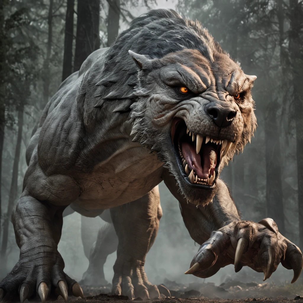 1 wolf, fierce, wild, (alpha male:1.2), strong muscles, sharp teeth, piercing eyes, (battle scars:0.8), gray fur, (aggressive pose:1.1), riding, 1 dinosaur, prehistoric, (T-Rex:1.5), massive, powerful, threatening, (sharp claws:1.3), scales, intimidating, (dinosaur mount:1.2), forest, moonlit night, (ominous atmosphere:1.1), shadows, full moon, starry sky, (epic battle scene:1.4), ferocious, action-packed, dynamic, (triumphant expression:1.2), dust clouds, mountains, (dinosaur roaring:1.3), (wolf howling:1.1), adventure, fantasy, mythical creatures.