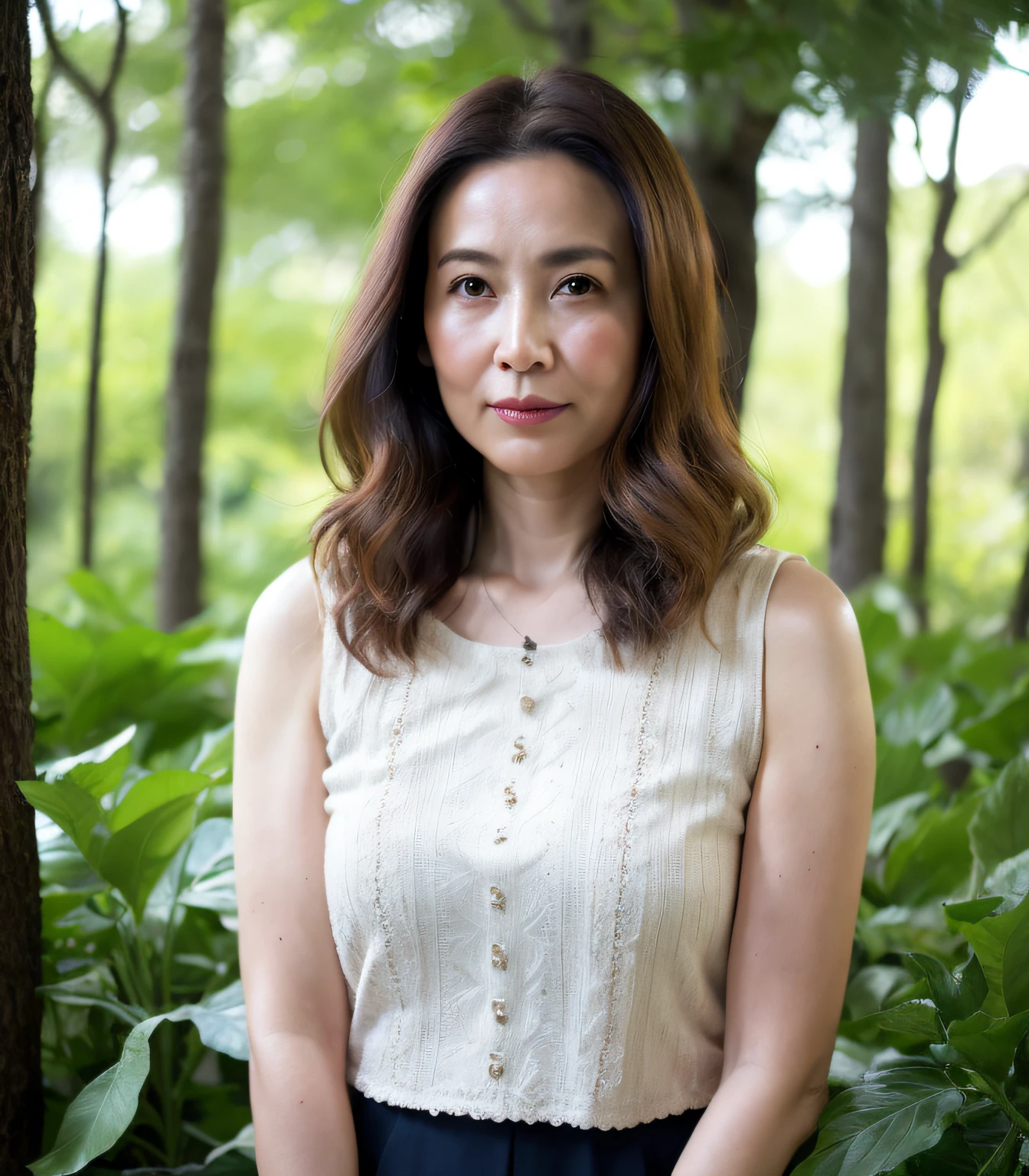 ((top-quality、8K、tmasterpiece:1.3))、Photorealsitic, foco nítido, high-level image quality, A high resolution, Portrait, Solo, jpn, Middle-aged woman, Beautuful Women, age 55, slenderness, Wavy hair, Sleeveless, Wrinkles at the corners of the eyes, Fluttering skirt,Meditate in the woods