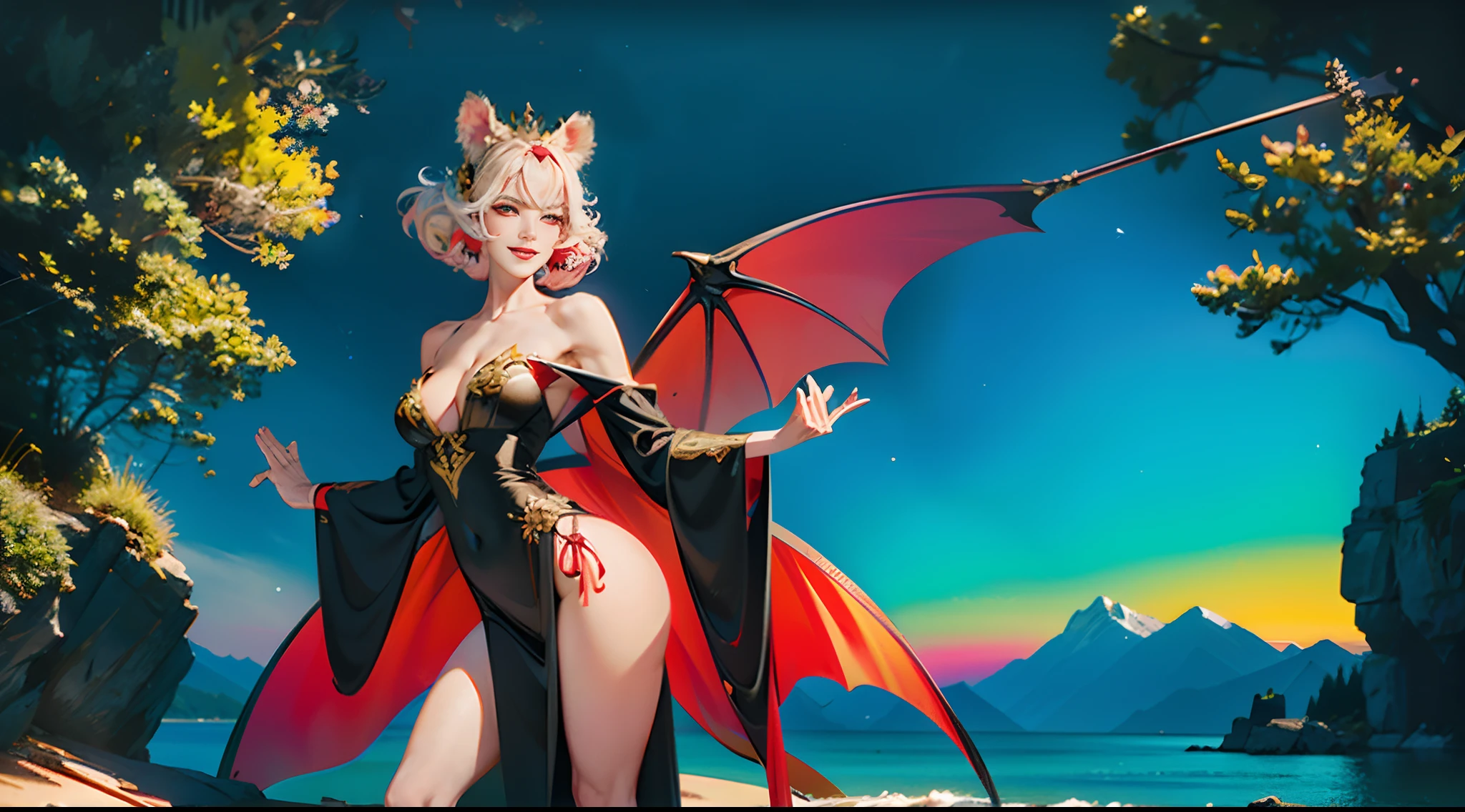 In illustrations of this super grand scene,We enjoyed a fascinating sight,Various scenarios of the multiverse come together。Beneath this intoxicating exterior,We see a mysterious vampire princess,She wore a black robe,Disheveled clothes,Graceful,Dance on the water。Her dancing magic keeps her costumes constantly changing,Blend in with the beauty of your surroundings,Add an unpredictable charm to the whole scene。The dance of the vampire princess is intoxicating,Her rainbow bat wings fluttered behind her like a flying carpet。This wing consists of different styles、colours、Made of small parts of material and style,The tail is long and beautiful。Her dance trajectory is accompanied by a glare effect of neon lights and magical stars,Blend in with your surroundings,Create a stimulating atmosphere for the senses。The vampire princess is tall,Big bang curve,Her facial features are full of seductive sexiness。Her appearances include:::(Super large breasts:1.88)、Narrowing of the sternum、(Huge red eyes flashed red:1.99)、Charming face、The evil crazy smile reveals the cute little tiger teeth、Makeup、Slender neck、Beauty collarbone、Slender arms、Slender waist and abdomen、Sexy butterfly buttocks and slender long legs,Display attractive curves and lines。Use Midjourney's advanced brush tools、Color palettes and texture packs,We are the skin of the vampire princess、Costumes and bat wings give intricate textures,Added realism。Her costume and cloak are a mixture of different materials,Displays various styles,From evening dresses to princess dresses,Then there are bikinis and tulle,Creativity and fashion。The whole scene is also full of dreamy elements,The starry sky is full of futuristic technology,There are towering cities in the ground,There are long beaches and small islands on the sea,Plants and fairy tale mythological scenes are intertwined。The Vampire Princess's dance moves echo the environmental elements,Be creative。Powerful tools halfway,We approached it in incredible detail,Bring this g