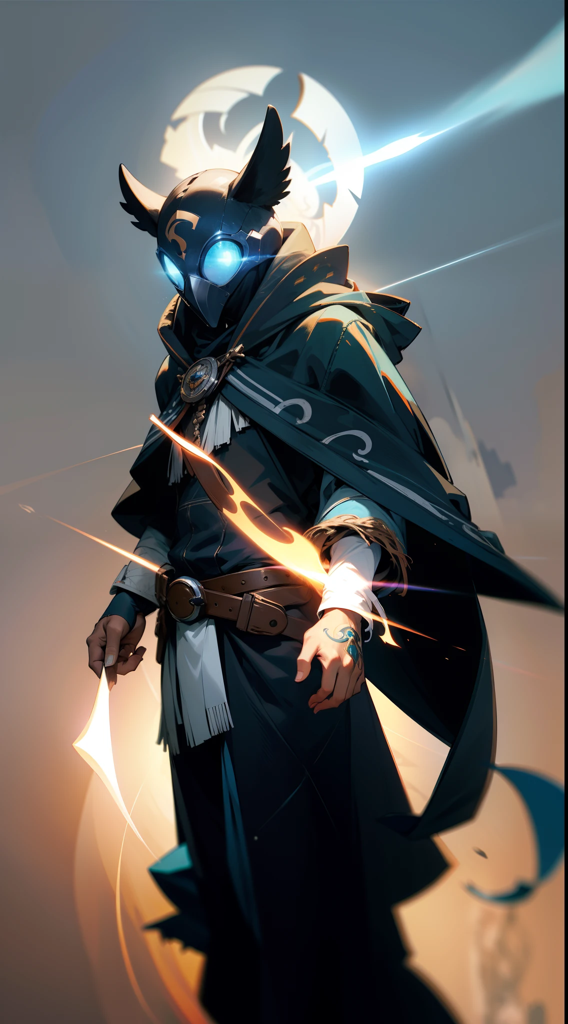 Hunter wearing hood and long cape, usando mascara de olho na forma de bico de ave de rapina, cores azul celeste e branco, WMASK, capacete alado, High detail, arte conceitual, anime, Estilo anime, Cinematic lighting, motion blur, character chart, cowboy shot, F/1.2, 35 mm, Hasselblad, anatomicamente correto, pele texturizada, detalhes altos, best quality, 8k