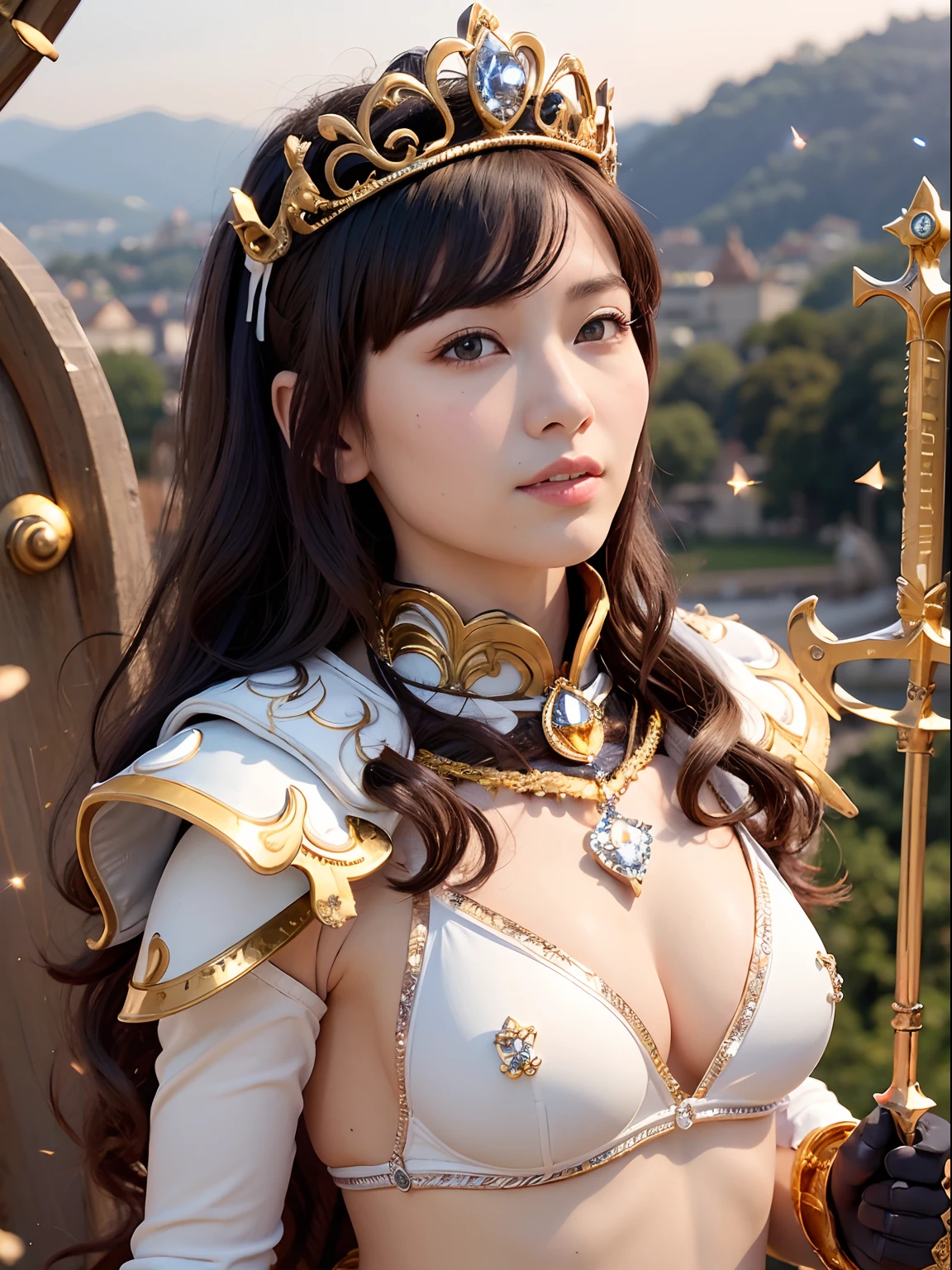(masutepiece), Professional , masterpiece、top-quality、photos realistic , depth of fields (Gemstone Silver Metal Body:1.9),(Matte White、Particles of light、Jewel Gold Weapon、(Gorgeous castle background)、(White Micro Bikini)(Jewel Metal Body:1.4),Gorgeous Jewel Metal Weapons , Detailed Sword of the Brave ,( Soldier background in metal armor) ,warhammer 40k , adepta sororitas,Detail and ornate jewel crown、独奏、Black hair、(Gangle's forest background)、Beautiful Caucasian beauty、1a person、dynamic ungle,(((Diamond tiara with detail and luxury)))、a small face、A smile、Powerful poses、(Gorgeous castle background)、huge-breasted、20 year old beautiful woman、Stand in the center of the screen、Thin female fingers、Smaller head、Glamorous body、