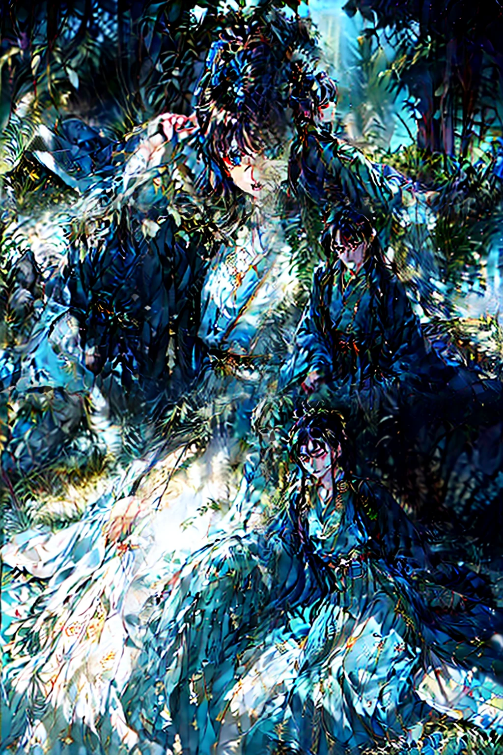 Japanese style of martial arts,Super Swordsman, sneak, Silver-trimmed black hood, eventide, Cold, Light blue eyes, At the top of the ancient city gate of the Song Dynasty, vigilante, Handsome,conservative clothing,Light silver brocade robe, Autumn leaves flutter in the air,The picture is colorful,highly details,High definition