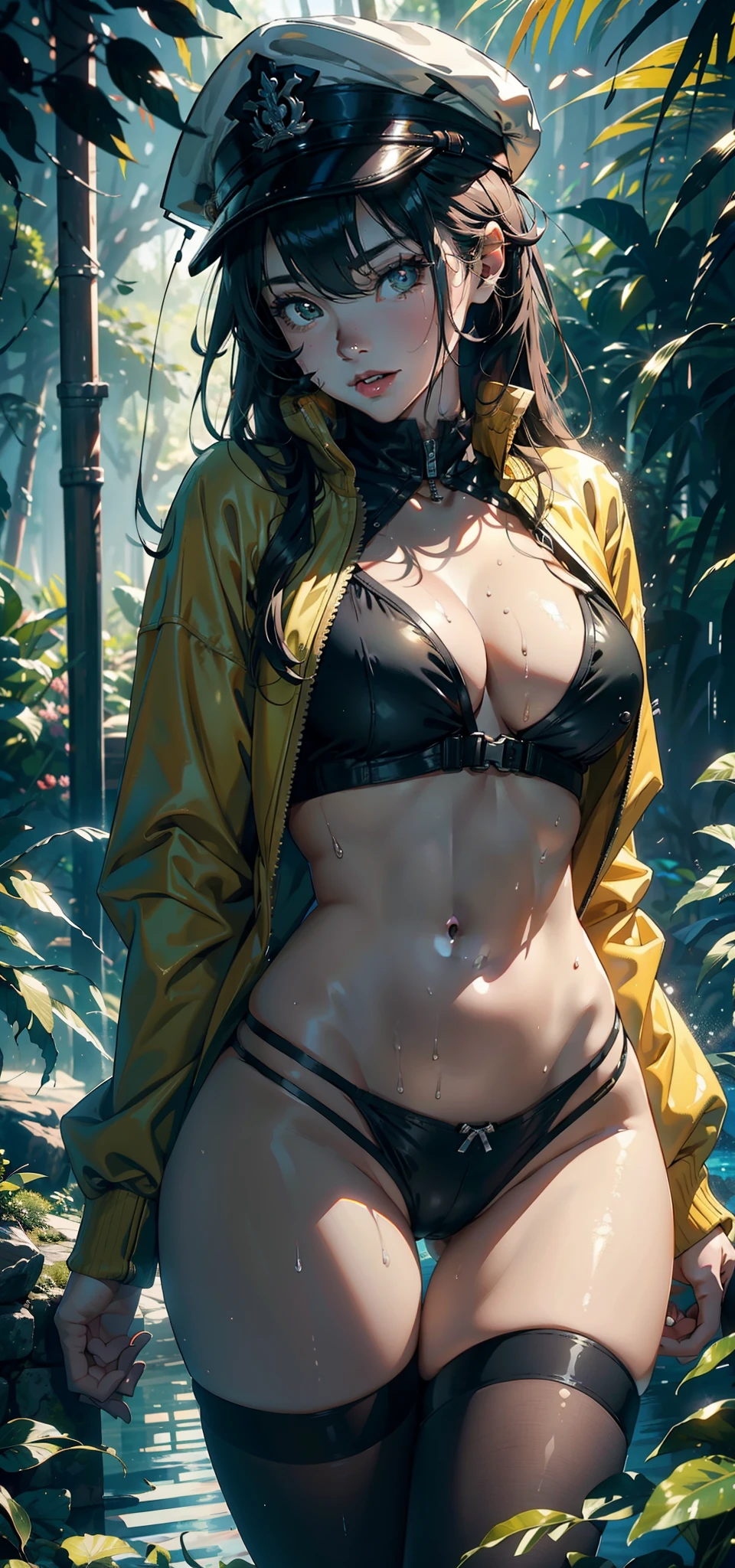 1female,,teenrl,Bigchest,Pornographic exposure, 独奏,(Background with:ln the forest,the rainforest,in summer,Standing water on the ground,exteriors) Casual yellow hairstyle,Stride,Sweat profusely,drenched all over the body,seen from the front , mostly cloudy sky,(((tmasterpiece),(Very detailed CG unity 8K wallpaper),best qualtiy,cinmatic lighting,detailed back ground,beatiful detailed eyes,Bright pupils,(Very fine and beautiful),(Beautiful and detailed eye description),ultra - detailed,tmasterpiece,)),face to the viewer,frontage,A high resolution,ultra - detailed)nakeness,Wipe off panties,revealing breasts,Bare genitalia, Bulge,Camel toes,Raised sexy,Lewd expression,Flushed complexion,Open-mouthed,frontage,military hat,(Wearing:green colored bomber jacket,Black pantyhose)