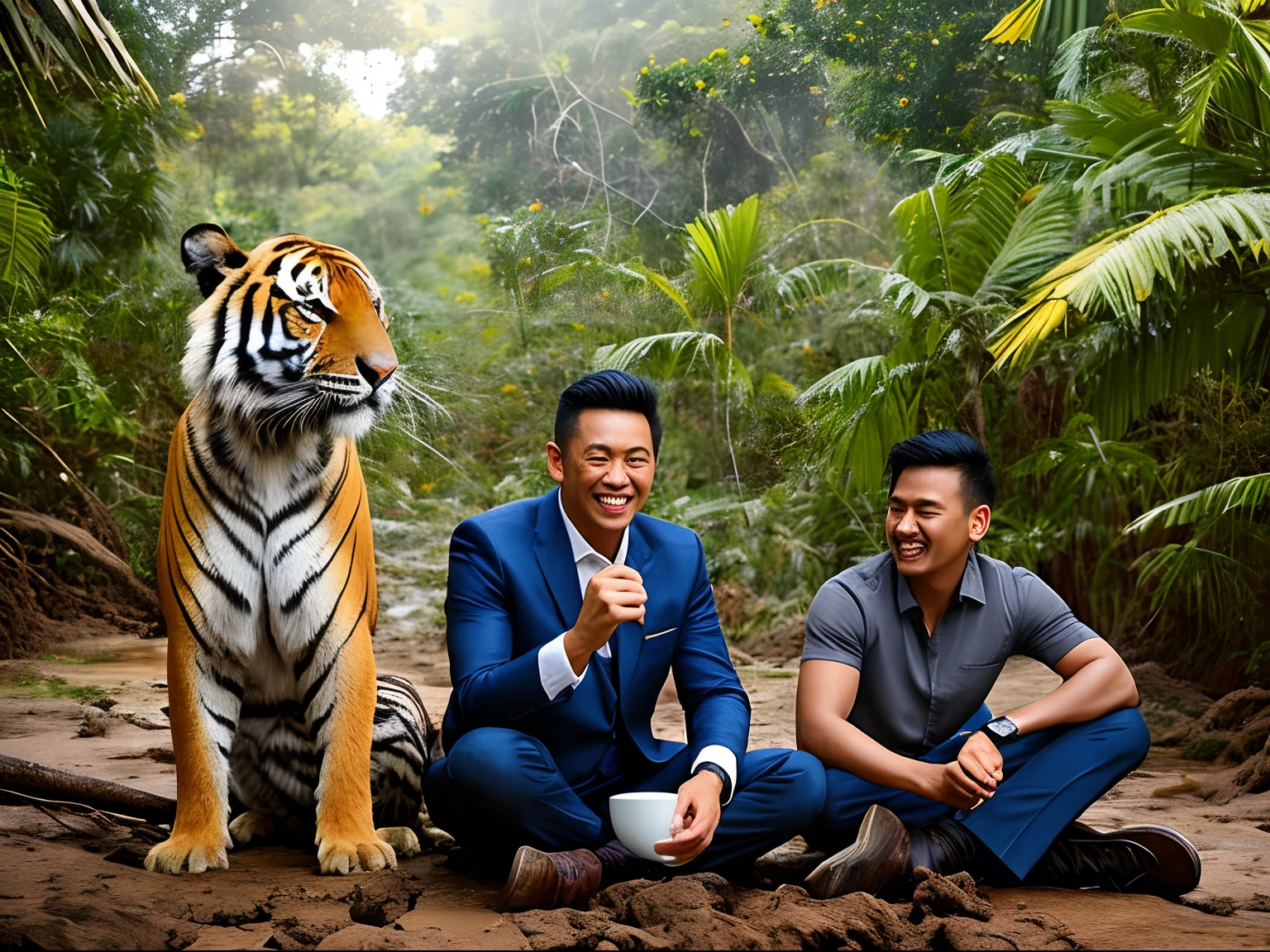 3 malay men seating in office outfit for men drinking coffee in thick and muddy jungle, wear suit, realistic face, detail face, laughing and happy, matured men, bright lighting, ultra detail photography, wild animal in background, tiger in background, wild tiger hiding in background, view from in front, ultra detail face, professional lighting setting, drinking coffee with tiger,