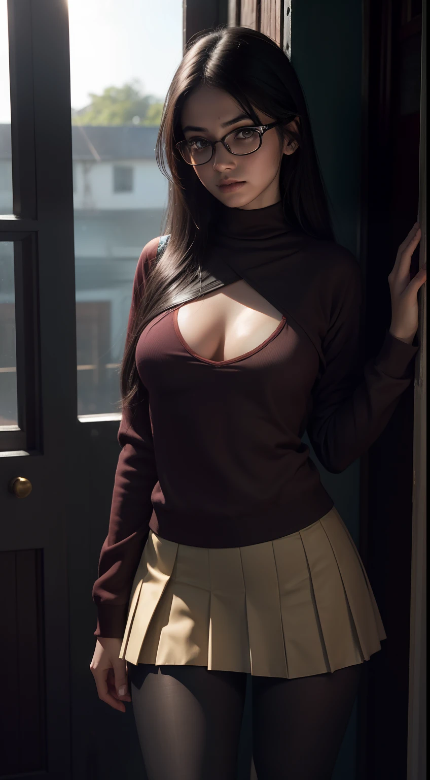 Beautiful young Indian zombie girl, glasses, sweatshirt, pleated skirt, classic tights, sunlight on fabric, large neckline, hyperrealistic, , model body, fair skin tone, small breasts, beautiful breasts, large coatis, long hair , long legs, 8k,超High resolution, best quality, Oriental House RAW portrait, cherry blossom, sunrise, dynamic lighting, detailed shadows, camera focus on thighs, sexual pose showing thighs, bloody laundry