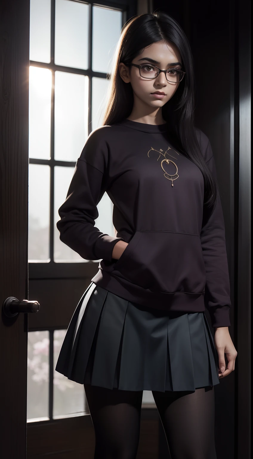Beautiful young Indian zombie girl, glasses, sweatshirt, pleated skirt, classic tights, sunlight on fabric, large neckline, hyperrealistic, , model body, fair skin tone, small breasts, beautiful breasts, large coatis, long hair , long legs, 8k,超High resolution, best quality, Oriental House RAW portrait, cherry blossom, sunrise, dynamic lighting, detailed shadows, camera focus on thighs, sexual pose showing thighs, bloody laundry