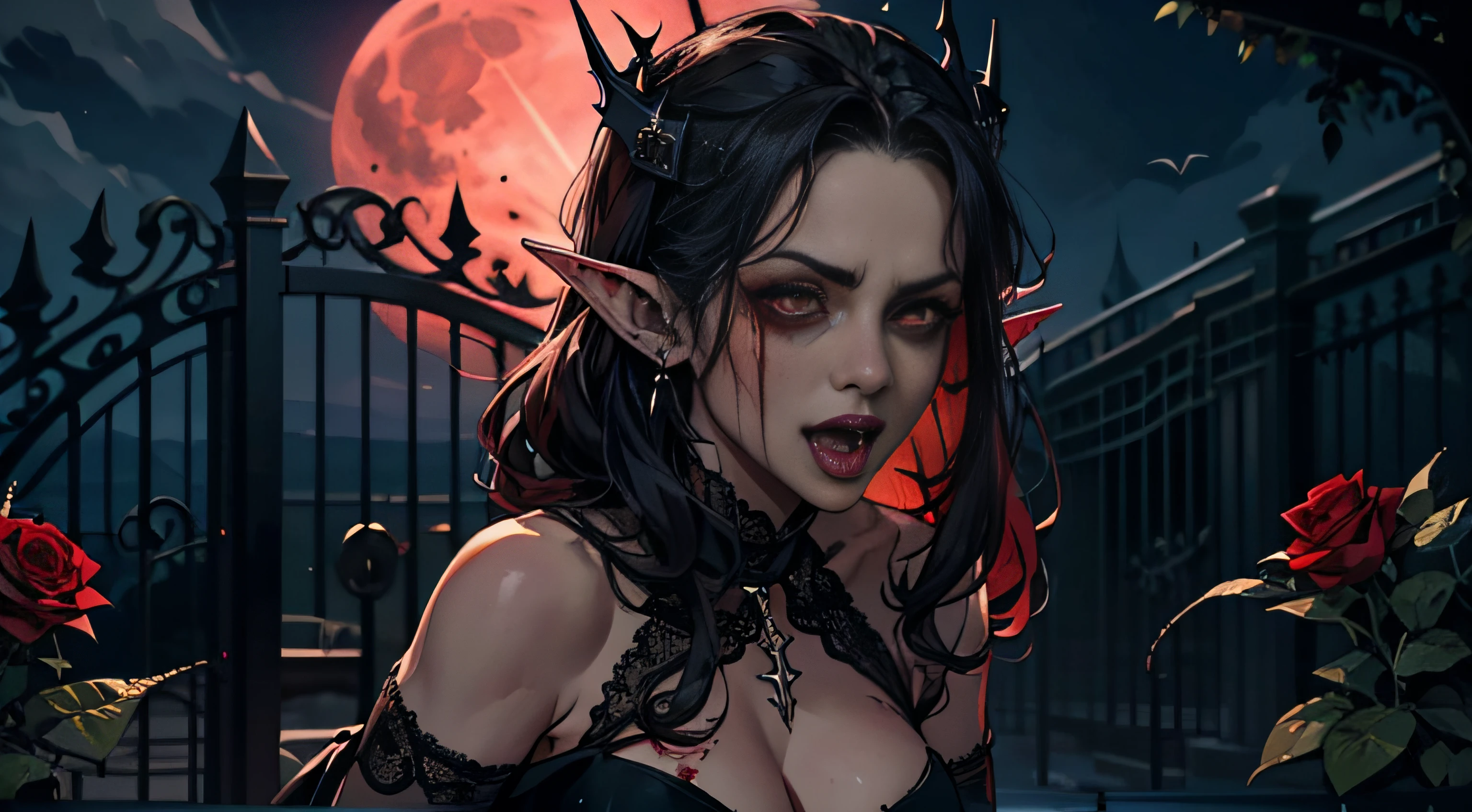 Masterpiece, highest quality, 8K HD, 1 vampire girl, Scary atmosphere, Gothic, open mouth, vampire teeth, revealing long fangs, blood red lips, bleeding mouth, greedy licking tongue, (Night :1.8), long Burgundy hair, weird expression, elf ears, black lace dress, sexy, vampire, (Graveyard :0.8), (Exquisite European-style iron gate :1.4), full of thorns and roses, under the red moon, crown, bat, blood