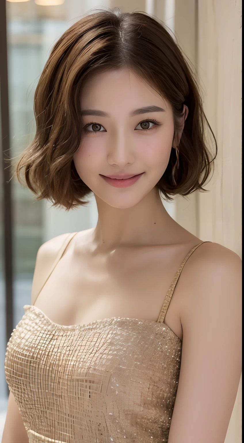 ((Best Quality, 8K, Masterpiece: 1.3)), 1 Girl, Slim Abs Beauty: 1.3, (Hairstyle Brown Hair Shortcut, Big: 1.2), Dress: 1.1, Super Slender Face, Delicate Eyes, Double Eyelids, Smile, Home, Raw Photo