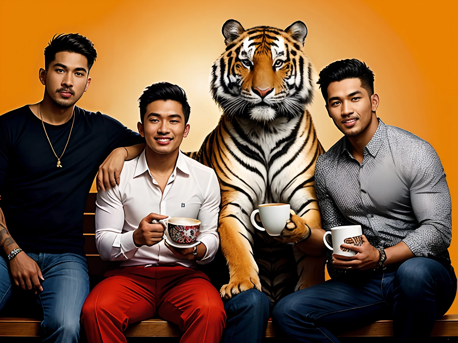 three men sitting on a bench with a tiger behind them while drinking coffee, holding cup of coffee, tigers, tiger_beast, malaysian, actor, fattah amin and farid kami, zizan razak and mike tyson, tiger, backdrop, movie promotional image, jason chan and gilles beloeil, ryan jia, the tiger is smiling, transparent background, damien tran, 🦑 design, asia, majestic masterpiece