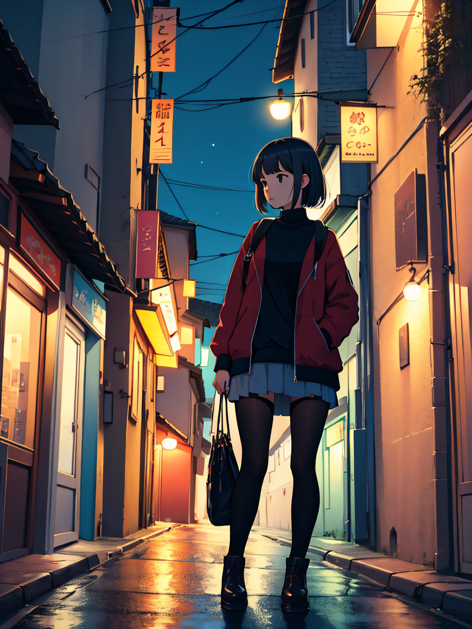 Girl in a modern town at night