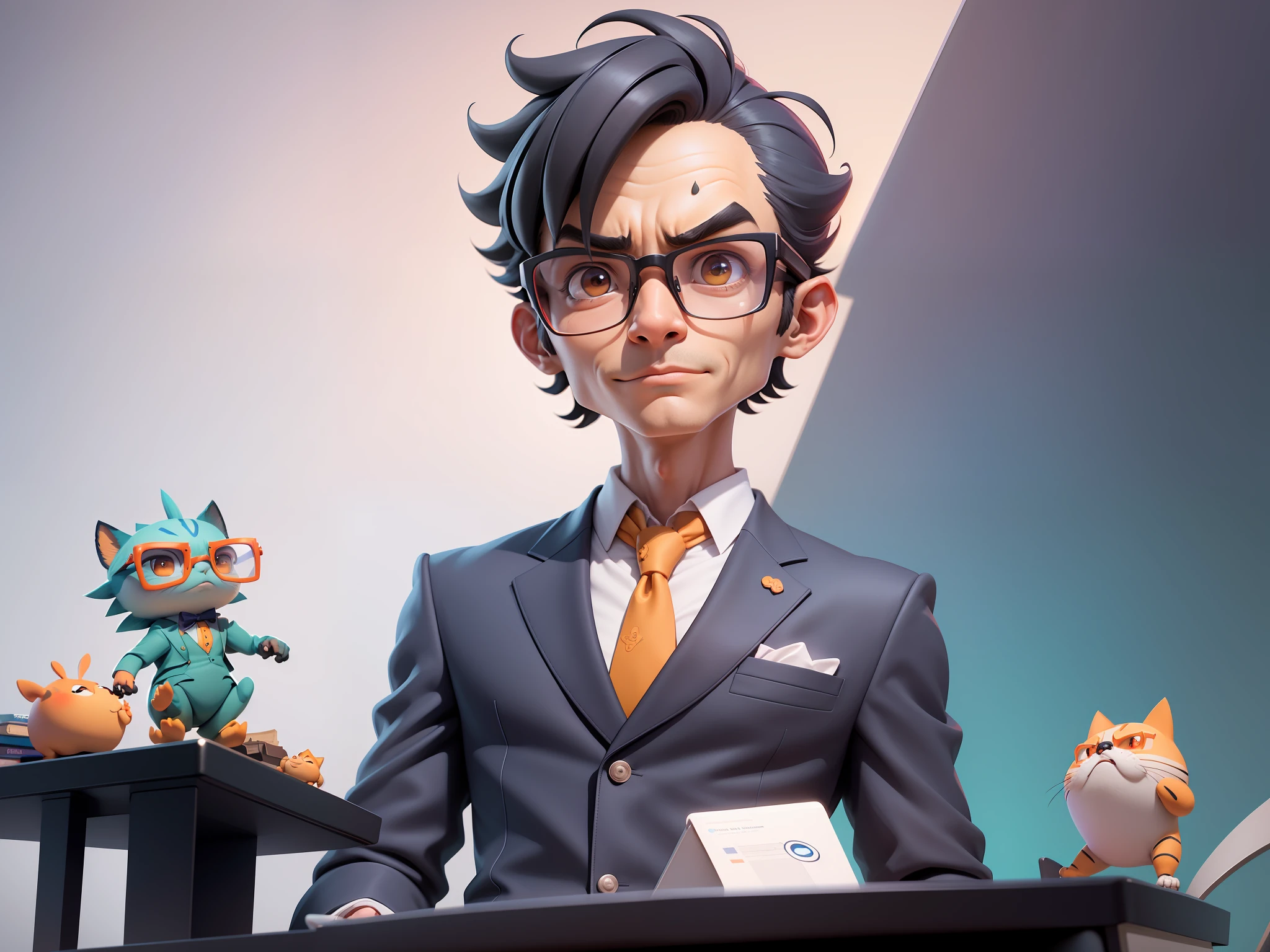 A young man in a suit, Short hair and glasses sat at his desk,holding laptop,digitial painting,tigre,3D character design by Mark Clairen and Pixar and Hayao Miyazaki and Akira Toriyama,4K HD illustration,Very detailed facial features and cartoon-style visuals。