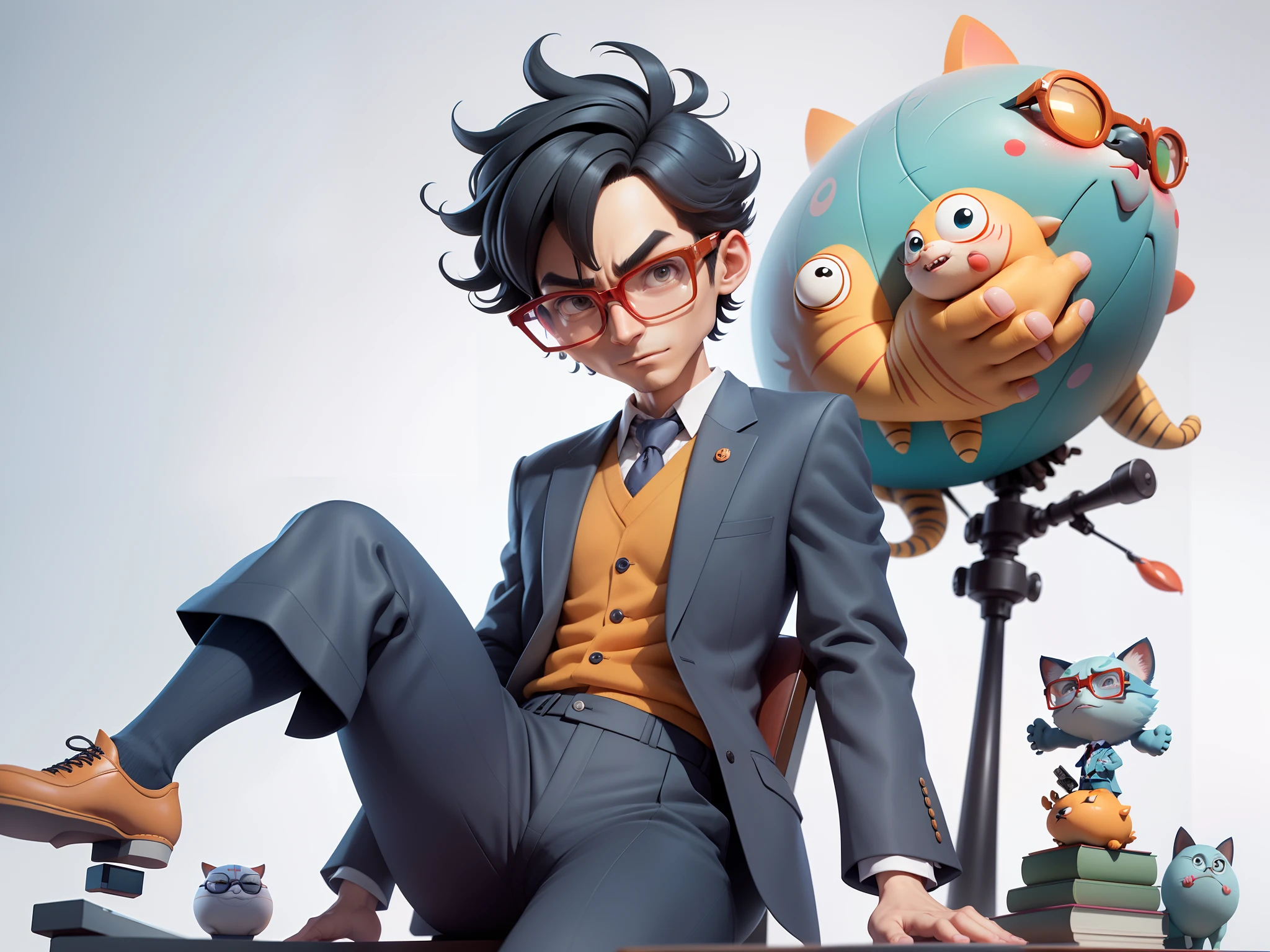 A young man in a suit, Short hair and glasses sat at his desk,holding laptop,digitial painting,tigre,3D character design by Mark Clairen and Pixar and Hayao Miyazaki and Akira Toriyama,4K HD illustration,Very detailed facial features and cartoon-style visuals。