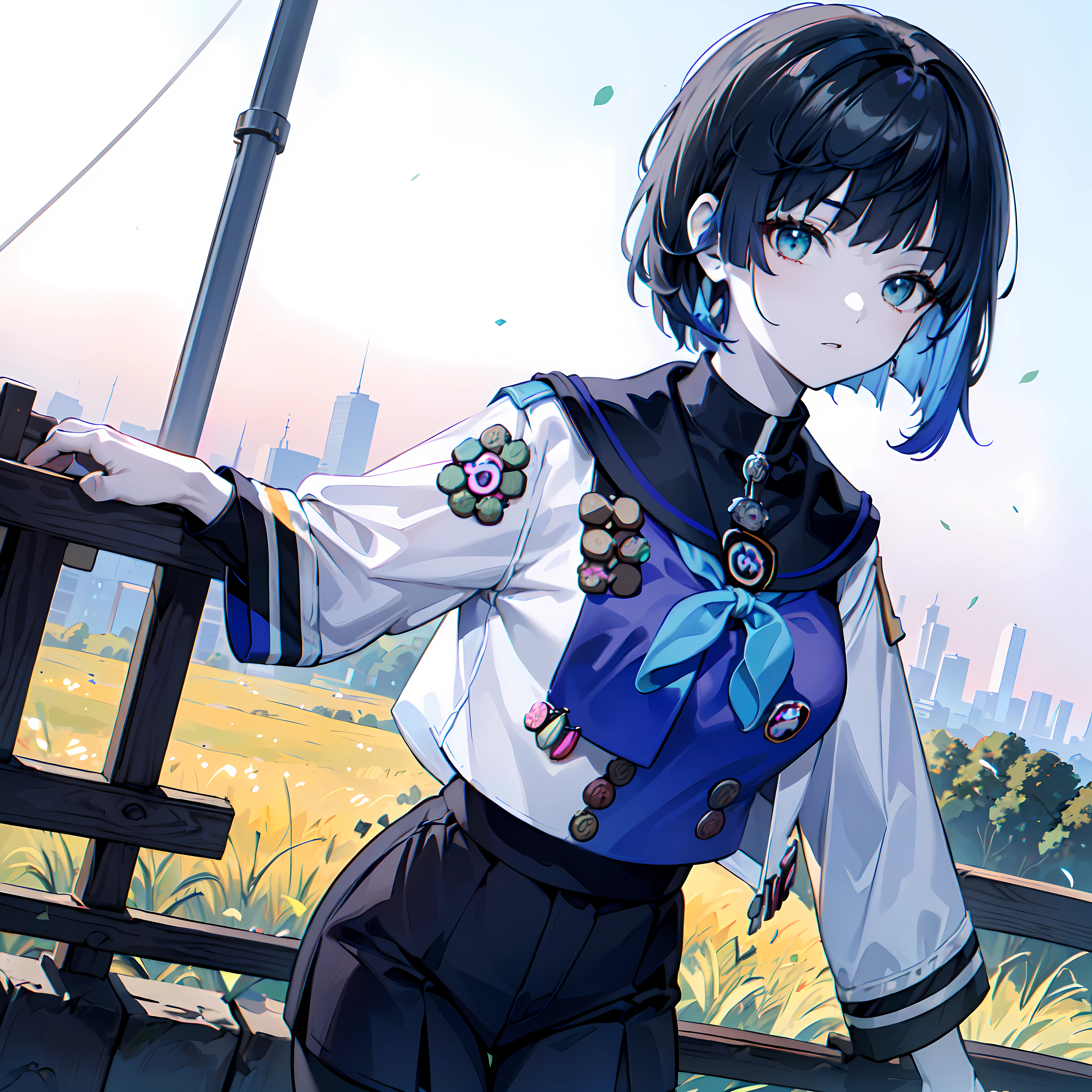 (masterpiece:1.2), (pale skin:1.2), (8k:1.2), (solo:1.2), (female:1.3), (emphasis lines:1.3), (dynamic angle), short hair, (gradient hair:1.1), blue hair, (black hair:1.1), (multicolored hair:1.1), (girl scout uniform:1.4), neckerchief, uniform, (upper shot:1.3), (outdoors:1.3), hill, camp, (sky:1.1)