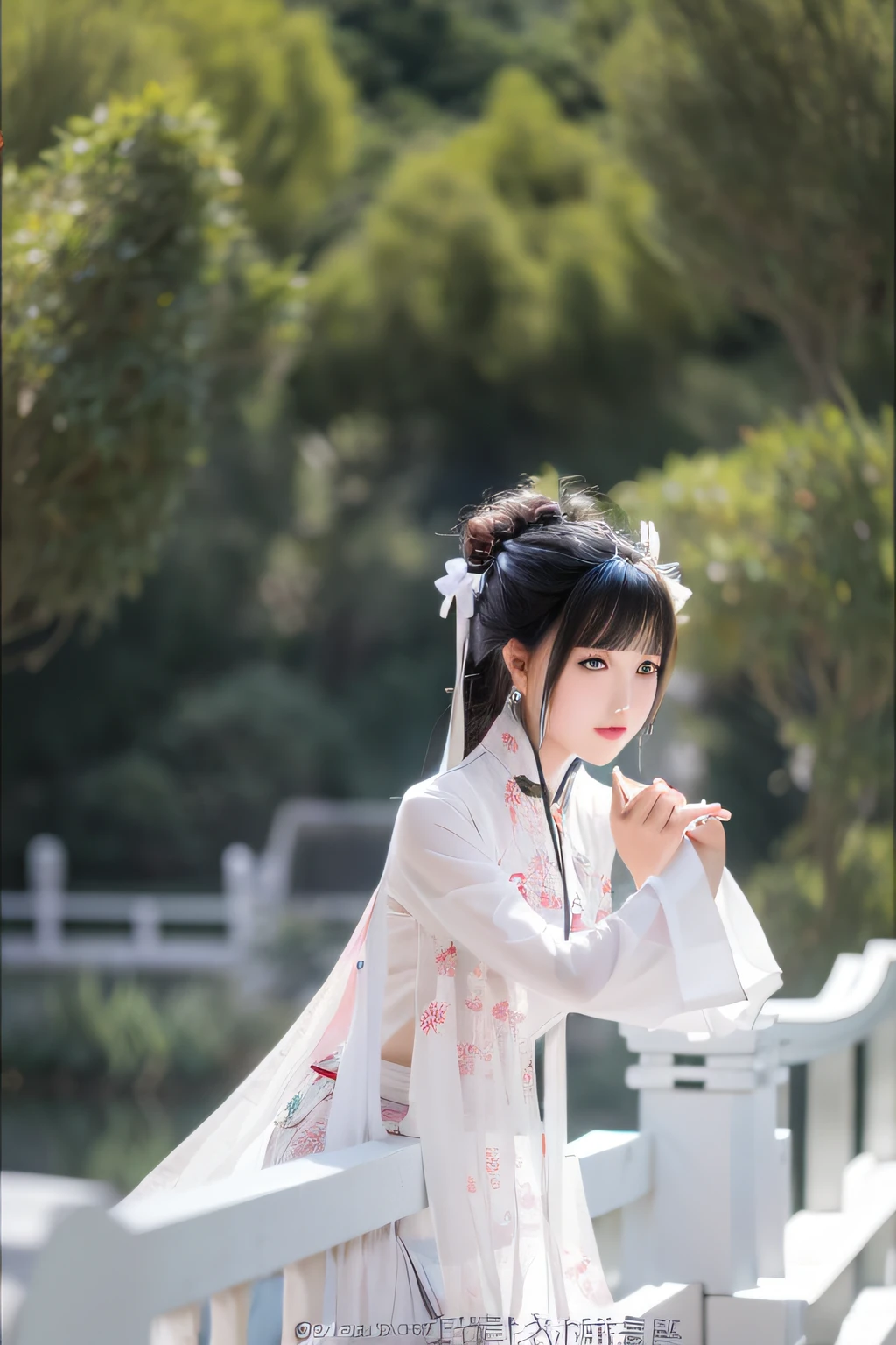 An Aravian woman in a white dress stands on the bridge, Palace , A girl in Hanfu, White Hanfu, Hanfu, with acient chinese clothes, Wearing ancient Chinese clothes, Traditional Chinese clothing, Chinese costume, Chinese style, Traditional beauty, tranquil and graceful, China Princess, Chinese girl, Ethereal beauty, beautiful and graceful,