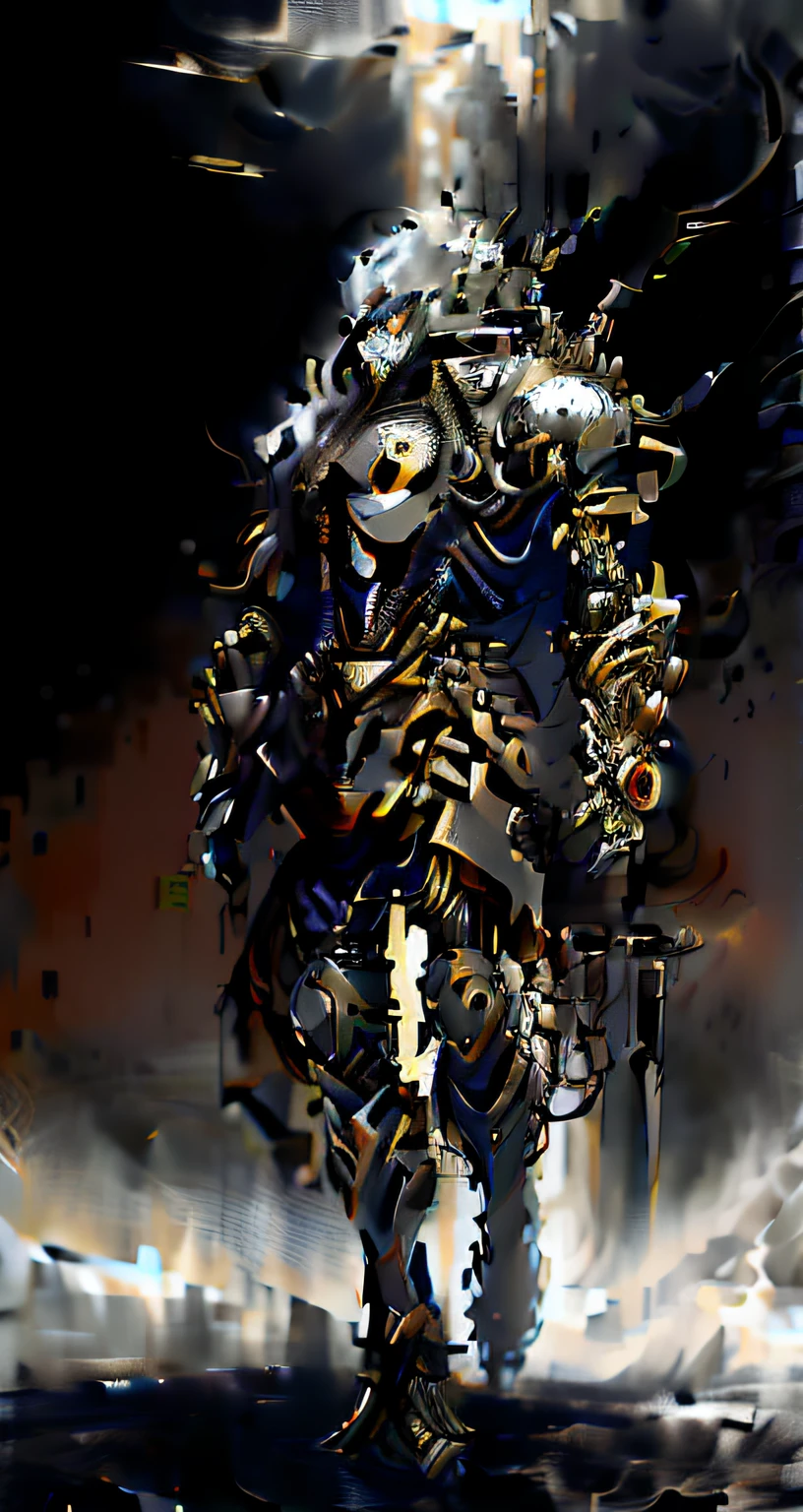 There is a digital drawing of a robot holding a sword, black and golden armor, Epic Paladin armor, gold heavy armor. Dramatic, black and golden armor, Heavy gold obsidian armor, gold obsidian armor, Stunning armor, the golden cat armor knight, heavy fantasy armor, Beautiful armor, gold paladin, paladin armor, Black armor, armored warrior