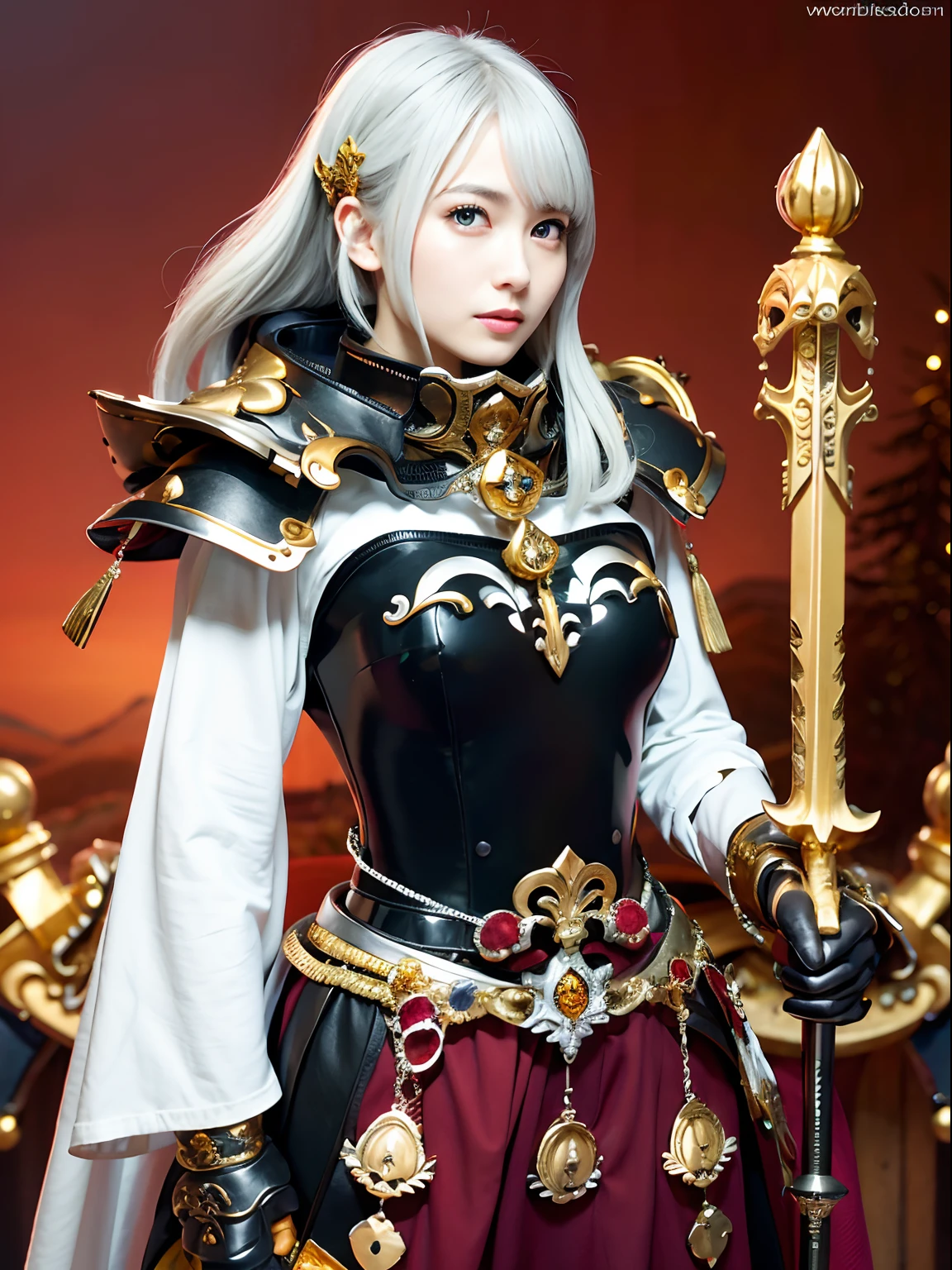 (masutepiece), Professional , ​masterpiece、top-quality、photos realistic , depth of fields （Gemstone Silver Metal Body:1.９),(Matte White、Jewel Gold Weapon（Jewel Metal Body:1.４),Gorgeous metal weapons , Detailed Sword of the Brave , Beautiful knife   ,warhammer 40k , adepta sororitas,Detail and ornate jewel crown、Black hair、Gangle's forest background、Beautiful Caucasian beauty、１a person、dynamic ungle,(((Detailed and ornate diamond crown)))、Smaller head、A smile、Take a sexy pose、Background inside the castle、Thin and beautiful female hands、cleavage of the breast、Soldier in iron armor on background、Soldier in iron armor on background、