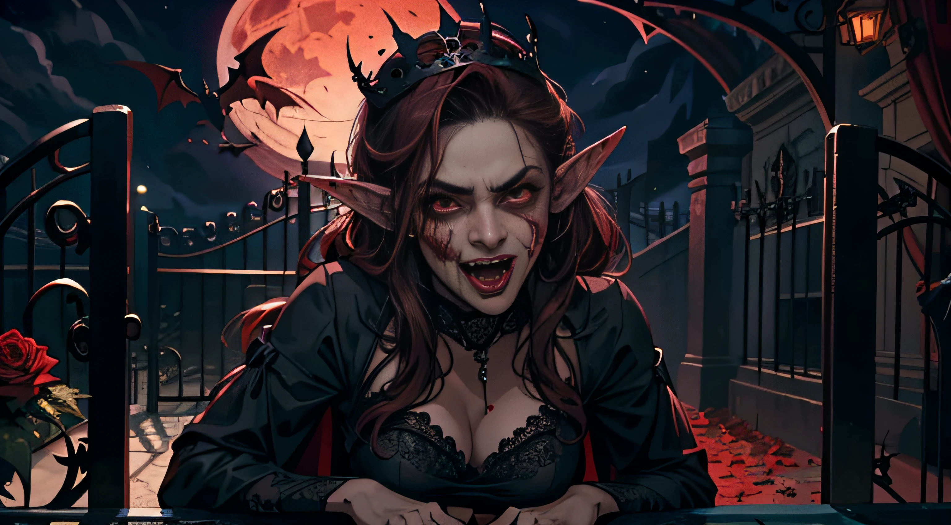 Masterpiece, highest quality, 8K HD, 1 vampire girl, Scary atmosphere, Gothic, open mouth, vampire teeth, bared fangs, blood red lips, bleeding mouth, greedy licking tongue, (Night :1.8), long Burgundy hair, weird expression, elf ears, black lace dress, sexy, vampire, (Graveyard :0.8), (Exquisite European-style iron gate :1.4), full of thorns and roses, under the red moon, crown, bat, blood
