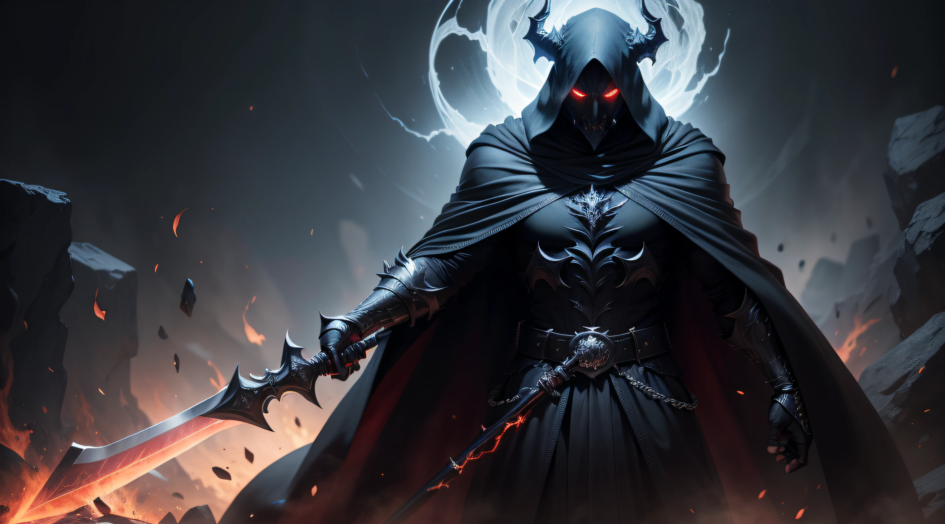 The devil in all its power depicted as a single man in a black cloak with glowing eyes and a mystical sword, ultra high quality, ultra-realistic, masterpiece, 8K, ray tracing, fire blazing behind him