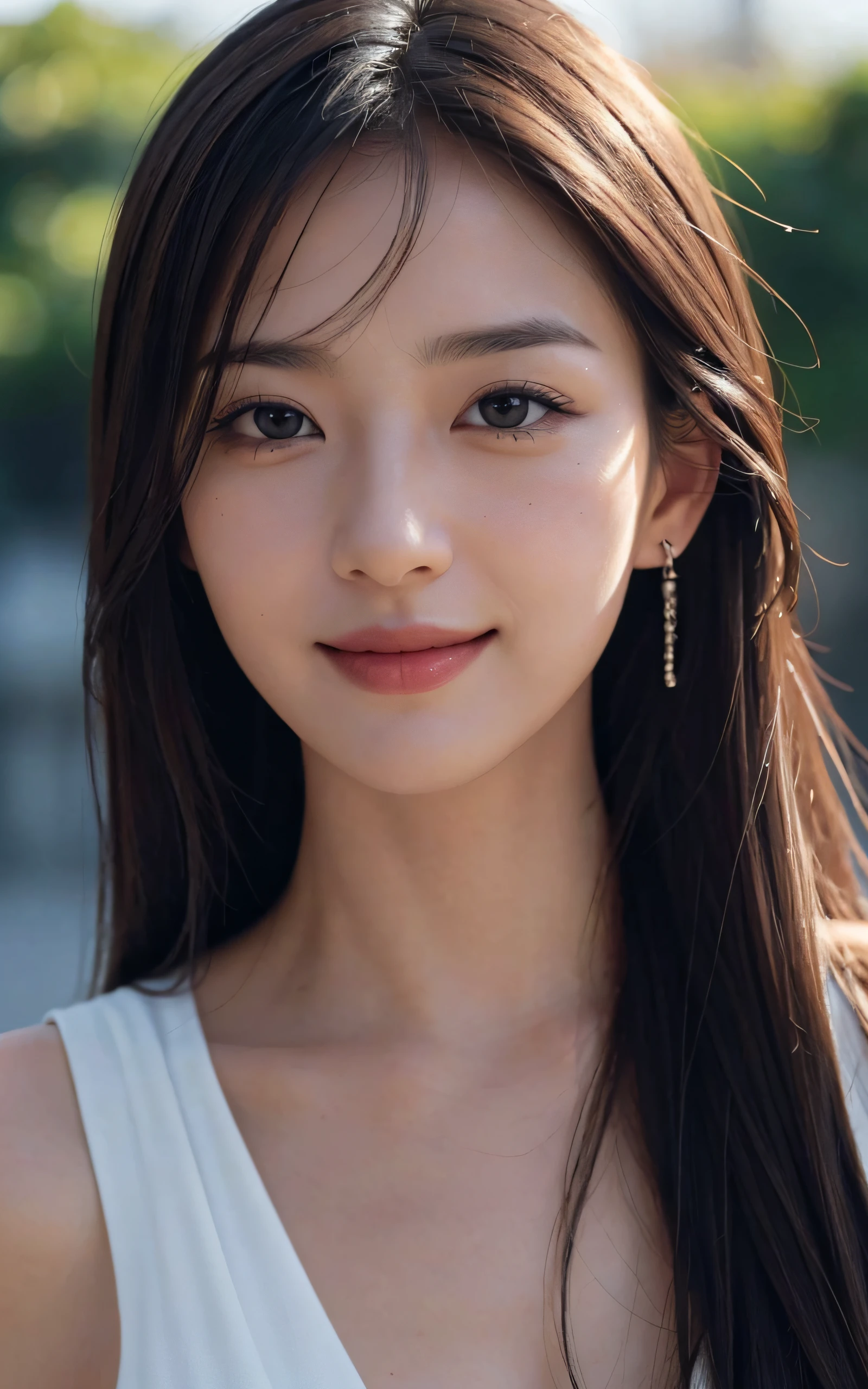 Masterpiece, best picture quality, high quality, beautiful woman, Japanese, detailed, swollen eyes, detailed eyes, detailed skin, beautiful skin, ultra high resolution, (reality: 1.4),very beautiful, slightly younger face, beautiful skin, slender, (ultra realistic), (illustration), (high resolution), (8K), (very detailed) (best illustration), (beautifully detailed eyes), (super detailed), (wallpaper), (detailed face), looking at viewer, fine details, detailed face, smiling, looking straight ahead, looking straight ahead, angle from waist up, realistic photo, bright lighting, professional lighting, sway in the wind shoulder length straight hair, mature woman, long stylish bangs,