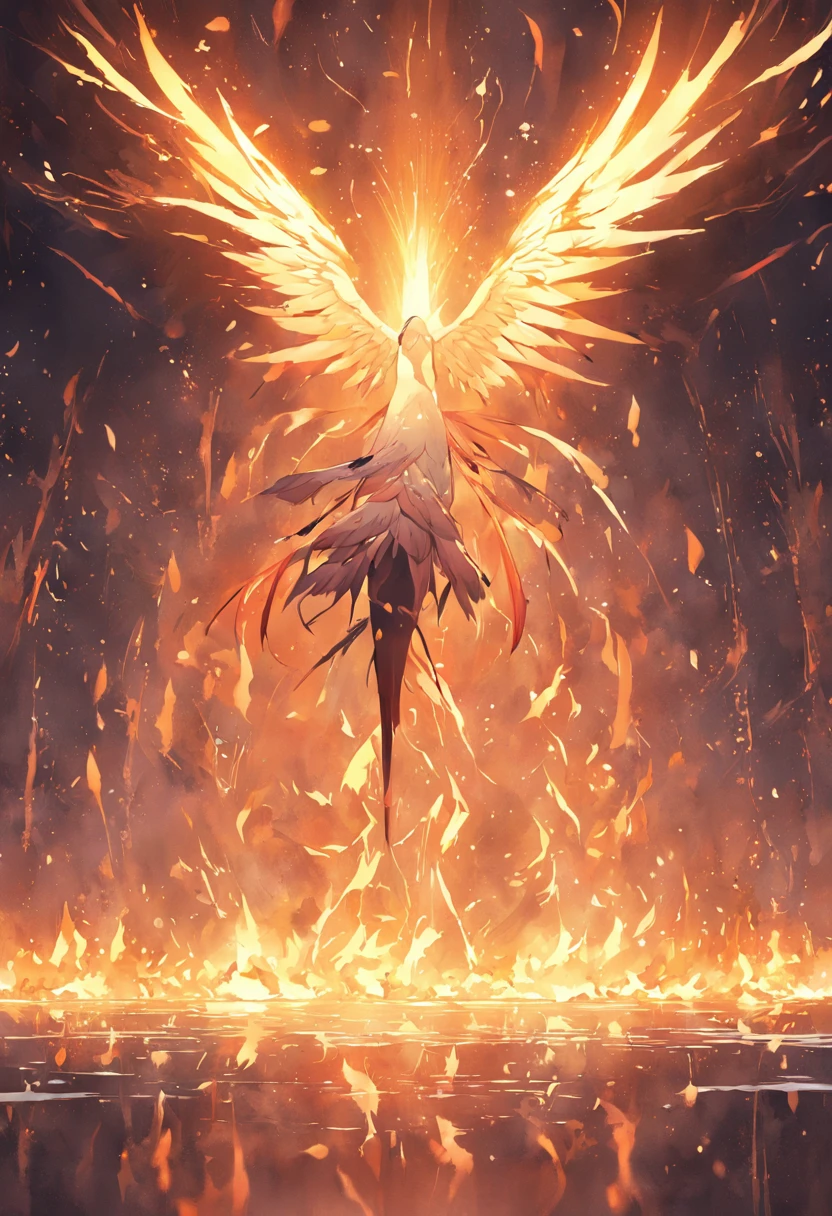（Divine bird），（Fire Phoenix），（The fire outlined the phoenix's body)，The phoenix flaps its wings，(Shining with golden light)，solo,nigth,Multiple silhouettes，First-person elevation angle，super detailing，best qualtiy，tmasterpiece，（8K)，Extremely detailed，Epic artwork
