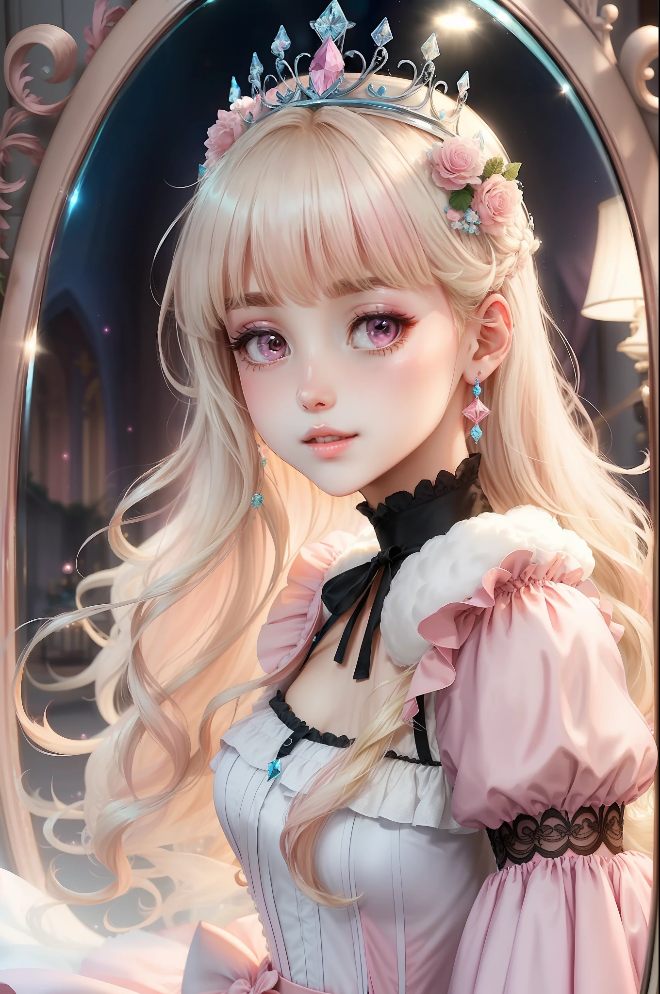 Princess　A Princess　Soft　Best quality in good style(Highest Quality) , High quality(hiquality)　Pink and fluffy dress blonde and soft hair　corolla　The whole body is reflected A wonderful atmosphere with very delicate tones