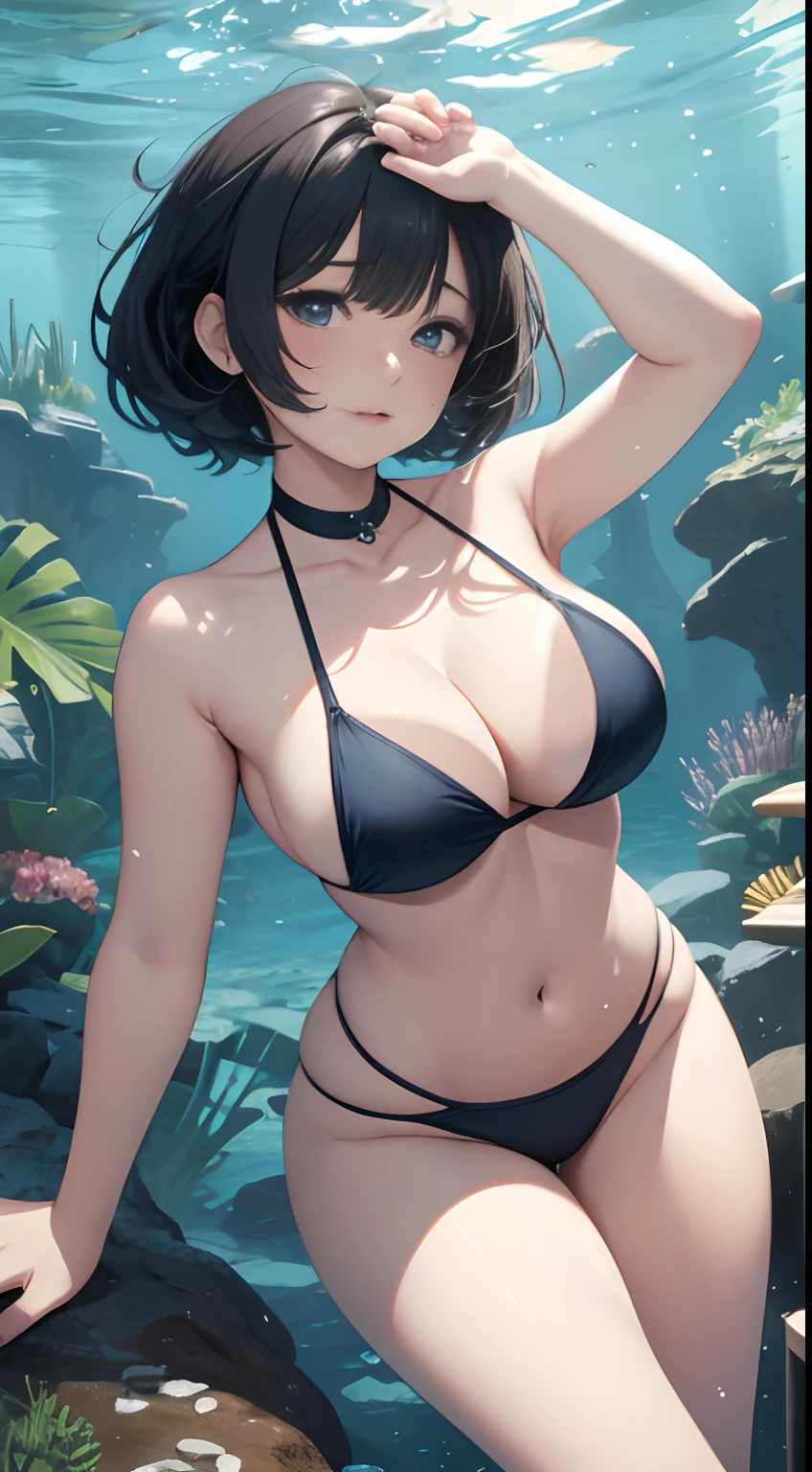 独奏、abyssal、the reef、Diving、maikurobikini、Black Hair Shortcut Hair、Asian woman with beautiful shape、eyeshadows、inner colored、August、fin、weightless、((top-quality、8K、​masterpiece:1.3))、1人の女性、beautiful countenance、Tall、beauty legs、Big Thing、Gorgeous Beauty、underwater photo、underwater perspective、underwater perspective、Floating in water、breaststroke、cleavage of the breast、Face to feel、Rut、Floating feeling、Colossal tits、Lower grade、weightless、Lots of marine life