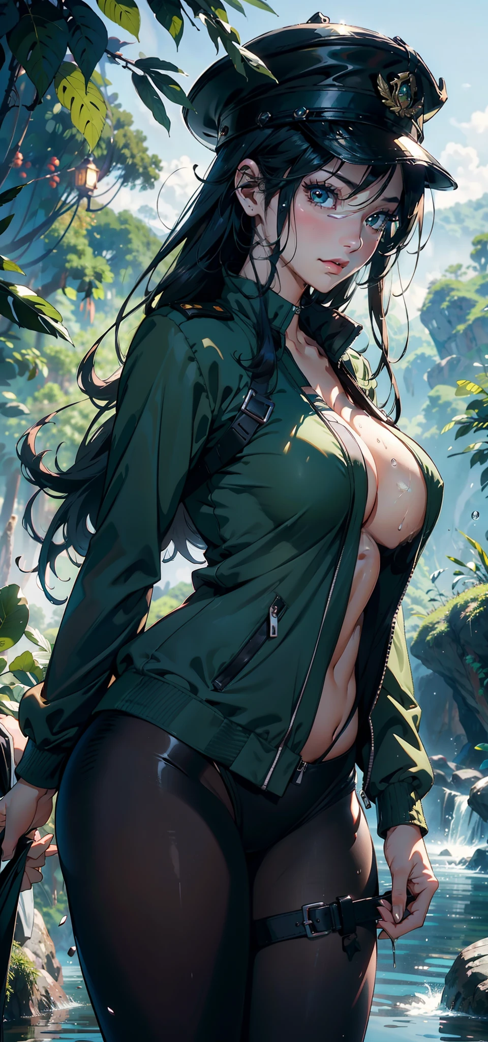 1female,35yo,A MILF,huge-breasted,long leges,Pornographic exposure, 独奏,(Background with:hilltop,the rainforest,in summer,Standing water on the ground,exteriors) Feel free to hairstyle,Stride,Sweat profusely,drenched all over the body,seen from the front,Long black hair , mostly cloudy sky,(((tmasterpiece),(Very detailed CG unity 8K wallpaper),best qualtiy,cinmatic lighting,detailed back ground,beatiful detailed eyes,Bright pupils,(Very fine and beautiful),(Beautiful and detailed eye description),ultra - detailed,tmasterpiece,)),face to the viewer,frontage,A high resolution,ultra - detailed)nakeness,Wipe off panties,revealing breasts,Bare genitalia, Bulge,Camel toes,Raised sexy,Lewd expression,Flushed complexion,Open-mouthed,frontage,military hat,(Wearing:green colored bomber jacket,Black pantyhose)