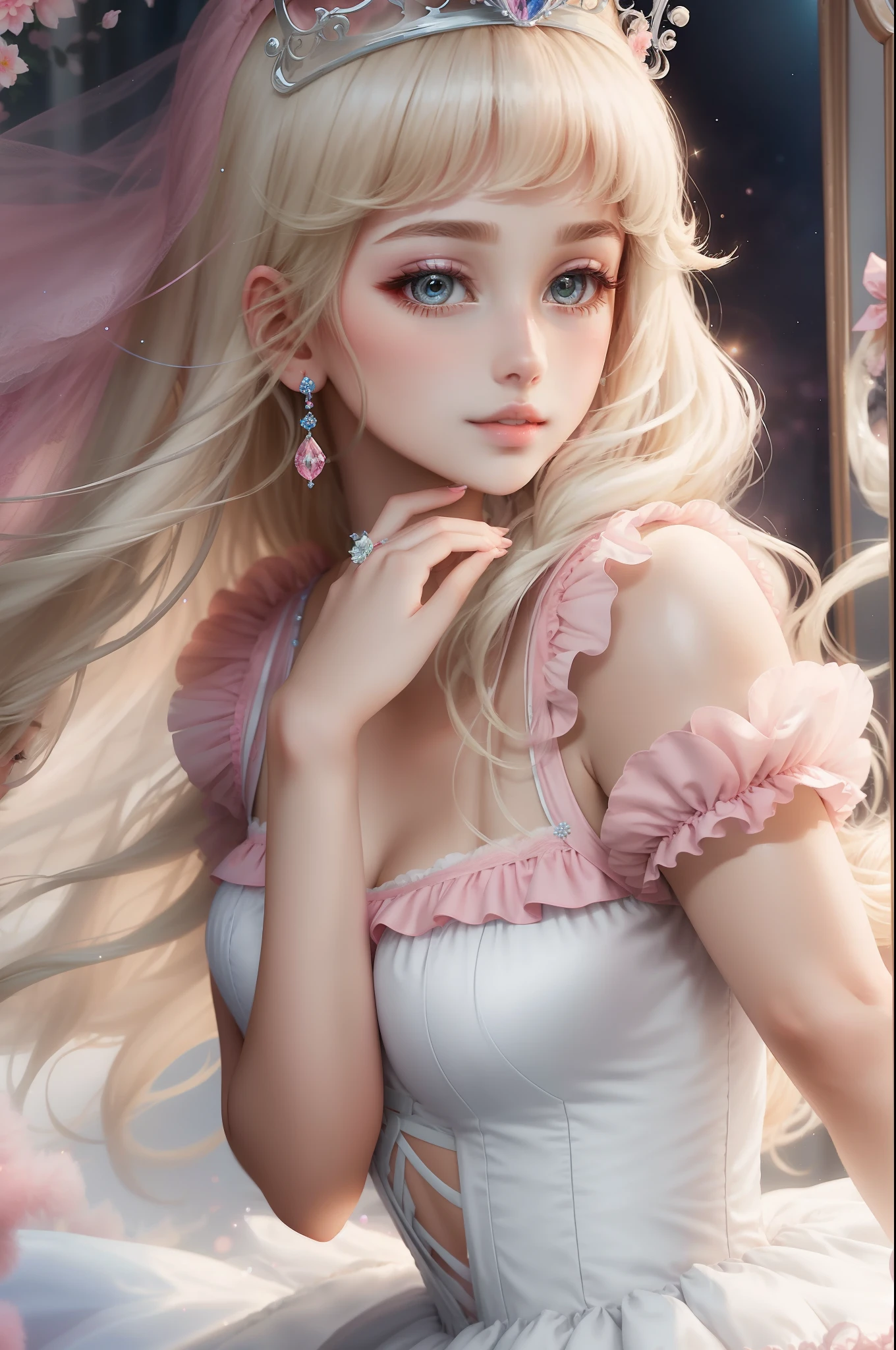 Princess A Princess Soft Best quality in good style(Highest Quality) , High quality(hiquality) Pink and fluffy dress blonde and soft hair corolla The whole body is reflected A wonderful atmosphere with very delicate tones