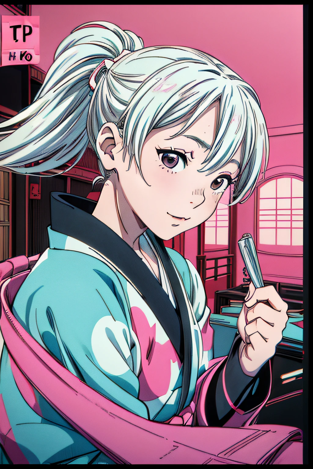 jpn_hi-school girl、Kimono,actionpose、Cheerfully、Overflowing、ink art、((top-quality、8K、​masterpiece:1.3))、(Clear focus:1.2)、(comic book style),(Pop),(linear art_Anime)、(PastelColors:1.2),((monotone_High Contrast Art:1.2))、flat chest、(the complex background:1.2),(Lola:add more details:1.2)、sharp outline、sharp lineart、Old Japan cityscape background