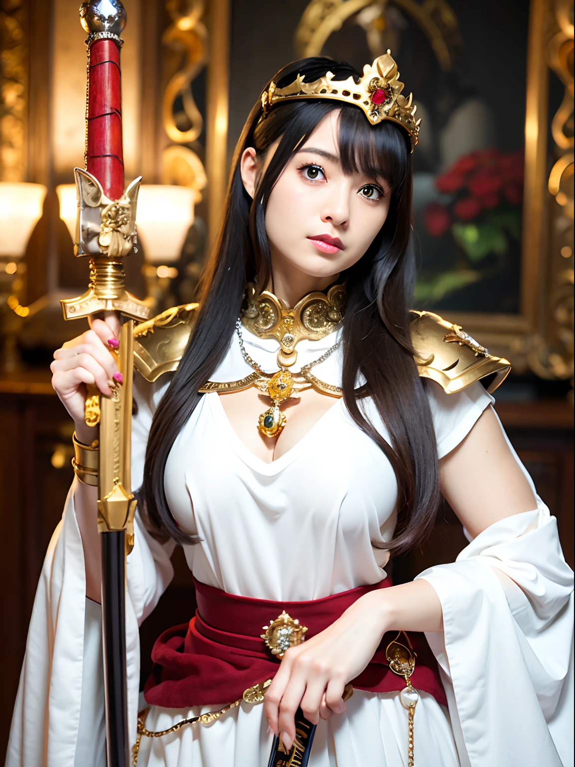(masutepiece), Professional , masterpiece、top-quality、photos realistic , depth of fields (Gemstone Silver Metal Body:1.9),(Matte White、Jewel Gold Weapon(Jewel Metal Body:1.4),Gorgeous metal weapons , Detailed Sword of the Brave , Beautiful knife ,warhammer 40k , adepta sororitas,Detail and ornate jewel crown、Black hair、Gangle's forest background、Beautiful Caucasian beauty、1a person、dynamic ungle,(((Detailed and ornate diamond crown)))、Smaller head、A smile、Take a sexy pose、Background inside the castle、Thin and beautiful female hands、cleavage of the breast、Soldier in iron armor on background、Soldier in iron armor on background、Mystical expression、