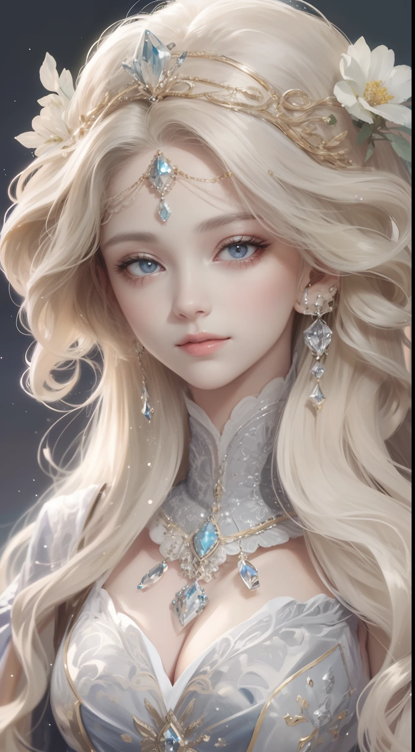 tmasterpiece,Highest high resolution,Dynamic bust of beautiful royal lady,Long blonde hairstyle,Gray clear eyes,The hair is covered with beautiful and delicate floral craftsmanship, Crystal jewelry filigree,Ultra-detailed details,upscaled。