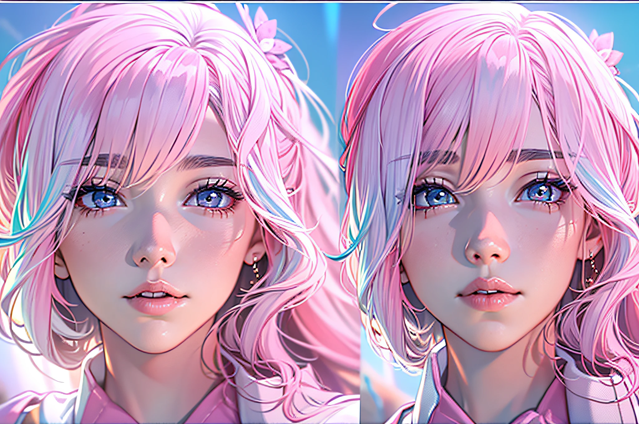 Masterpiece, hyperrealistic, highres, best quality, ultra detailed, Cinema 4D, Octane render, Innovative, 1girl, perfect waifu, super cute and sexy girl, super hot girl, long hair with a light blue gradient like pink, wearing a pink and white milky look, celestial clothes