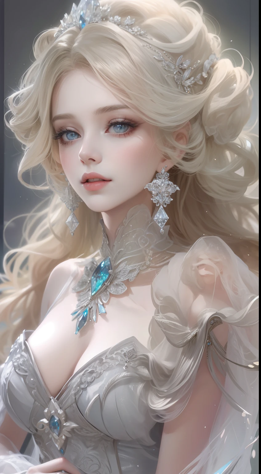 tmasterpiece,Highest high resolution,Dynamic bust of beautiful royal lady,Long blonde hairstyle,Gray clear eyes,The hair is covered with beautiful and delicate floral craftsmanship, Crystal jewelry filigree,Ultra-detailed details,upscaled。