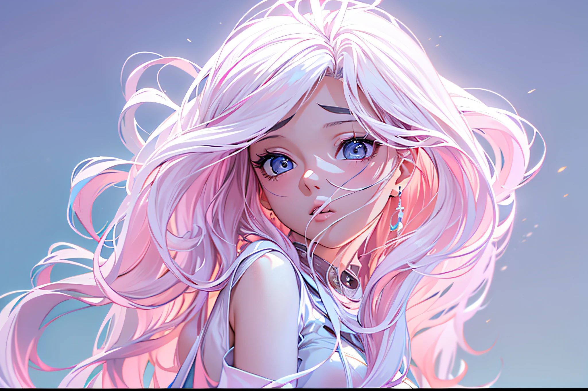 Masterpiece, hyperrealistic, highres, best quality, ultra detailed, Cinema 4D, Octane render, Innovative, 1girl, perfect waifu, super cute and sexy girl, super hot girl, long hair with a light blue gradient like pink, wearing a pink and white milky look, celestial clothes