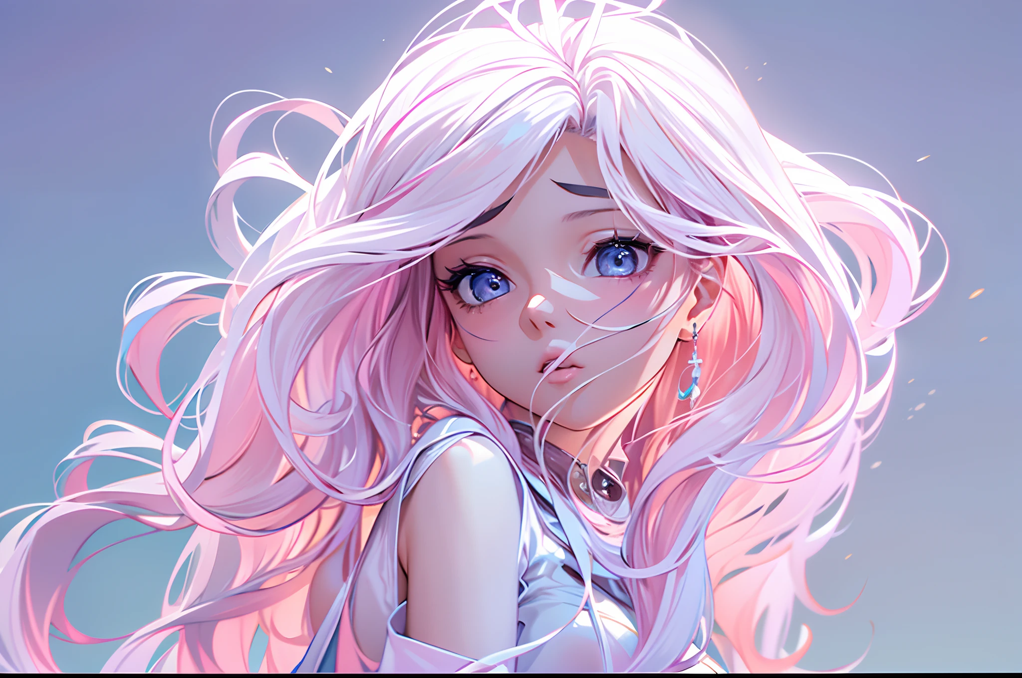 Masterpiece, hyperrealistic, highres, best quality, ultra detailed, Cinema 4D, Octane render, Innovative, 1girl, perfect waifu, super cute and sexy girl, super hot girl, long hair with a light blue gradient like pink, wearing a pink and white milky look, celestial clothes