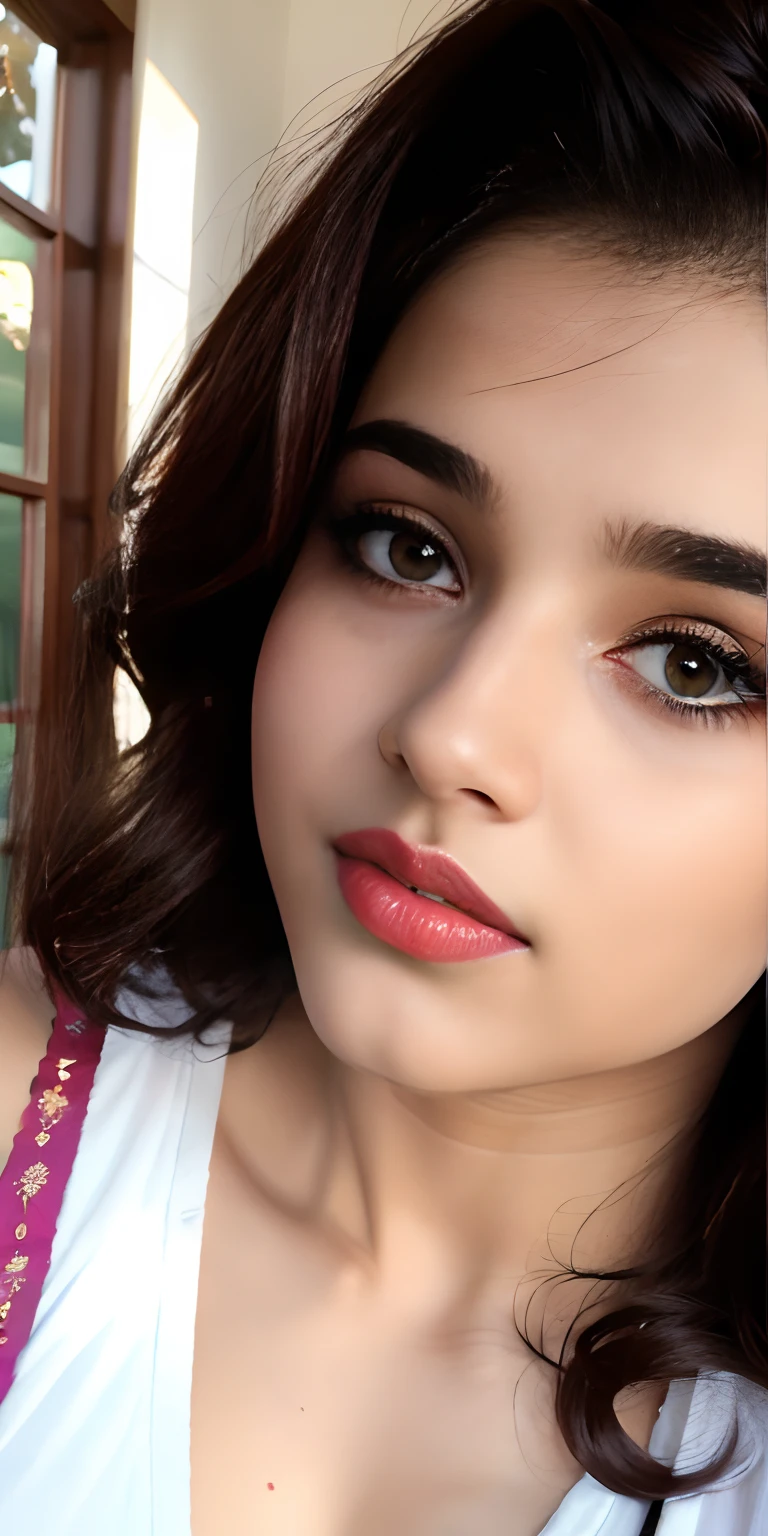 ((beautiful)+(attractive:0.9)+(sensual:1)) white indian 20years women ((nerd:0.9)+(lovely)+(clean skin)) with hazel eyes and red lips. Medium brown hair, ((intense eyes))