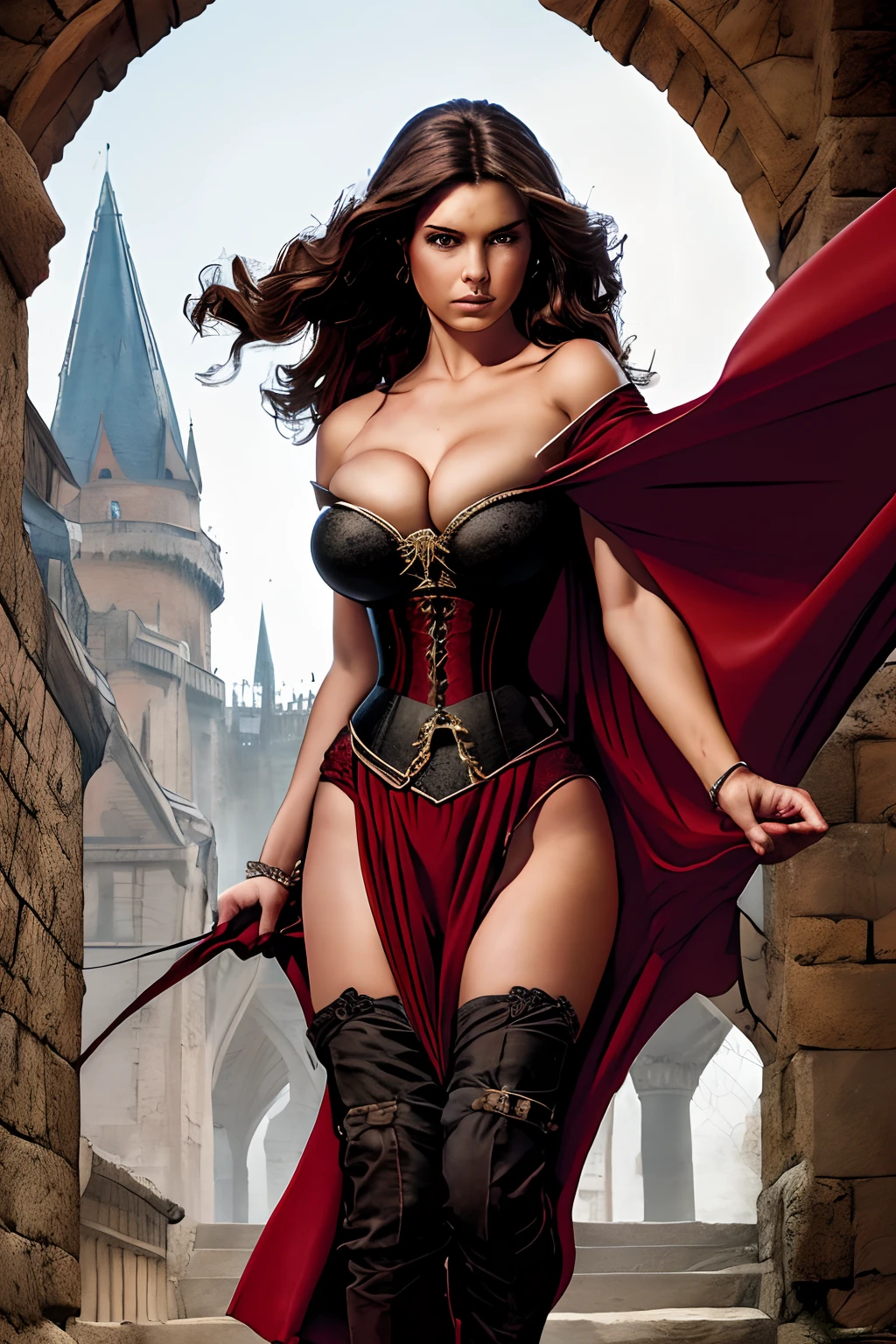 (masterpiece, top quality, best quality, official art, beautiful and aesthetic:1.2), (1girl:1.3), long and curly dark brown hair, extremely detailed, portrait, looking at viewer, solo, (full body:0.6), detailed background, close up, mischievous eyes, (warm summer castle theme:1.1), sorceress, charlatan, smirk, mysterious, walking in courtyard, revealing ((dark red)) sorcerer attire, red knee-length red skirt, off shoulder, straps, long sleeves, loose sleeves, cloak, corset, black leggings, black trousers, black pants, long brown boots, buckles, straps, pouches, magic energy, red fabric, white trim, ((((gigantic breasts, cleavage, skindentation)))), slim waist, slim hips, long legs, medieval (castle exterior:1.1) background, dark mysterious lighting, shadows, magical atmosphere, dutch angle